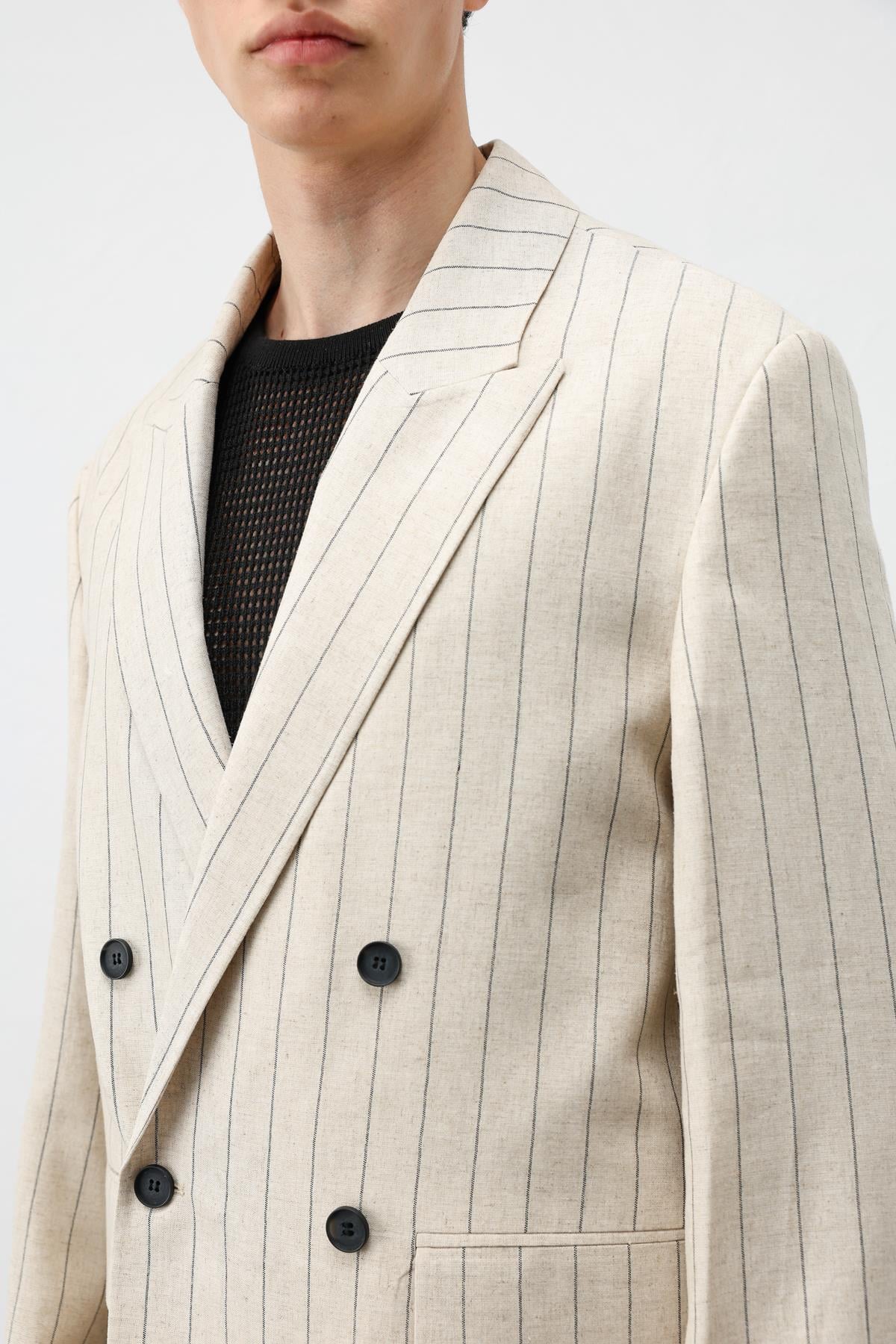 Antioch Natur Keten Karışımlı Çizgili Erkek Blazer Ceket