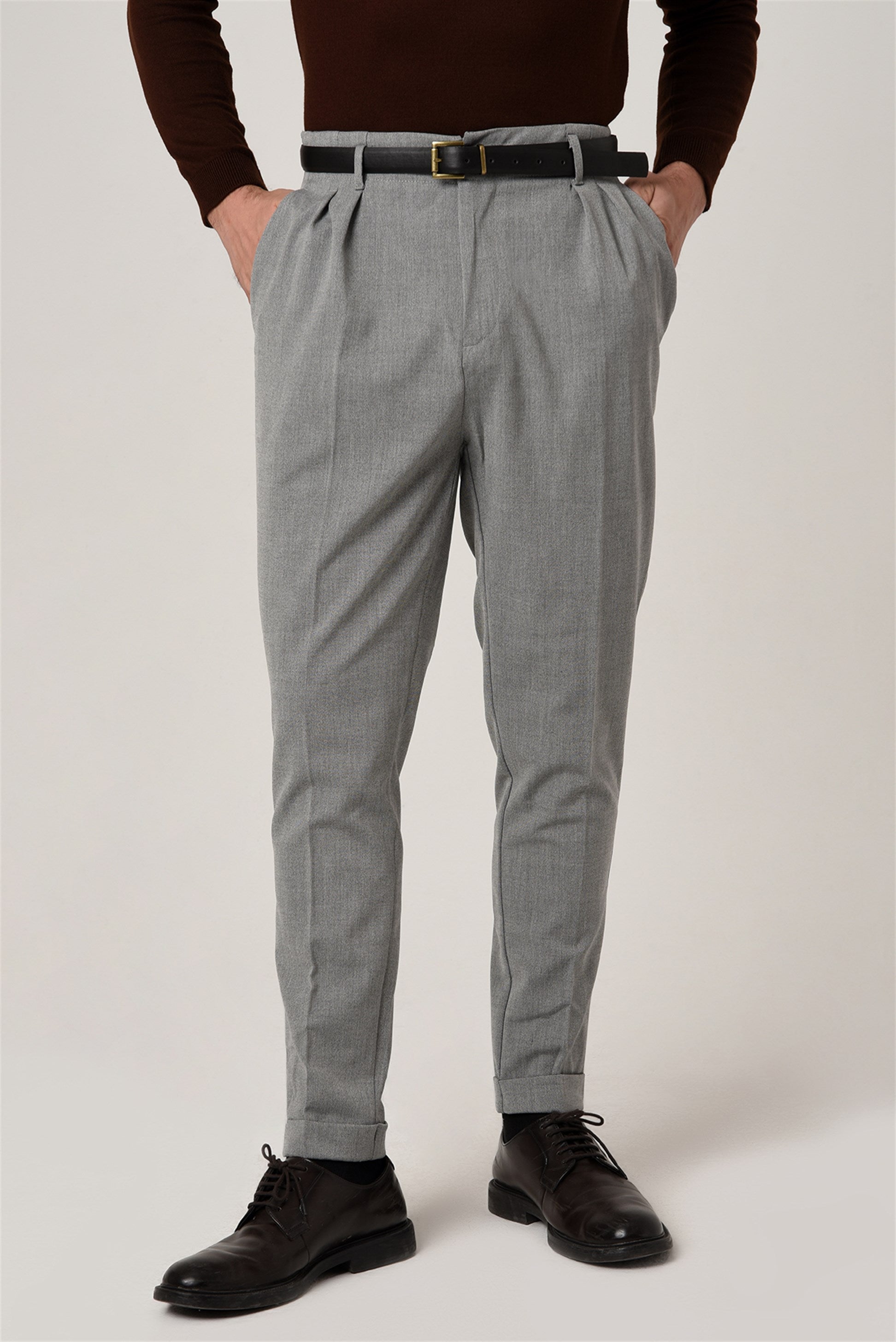 Antioch-Orta Gri Yüksek Bel Kemerli Pantolon-Kumaş Pantolon-2-Milagron.com