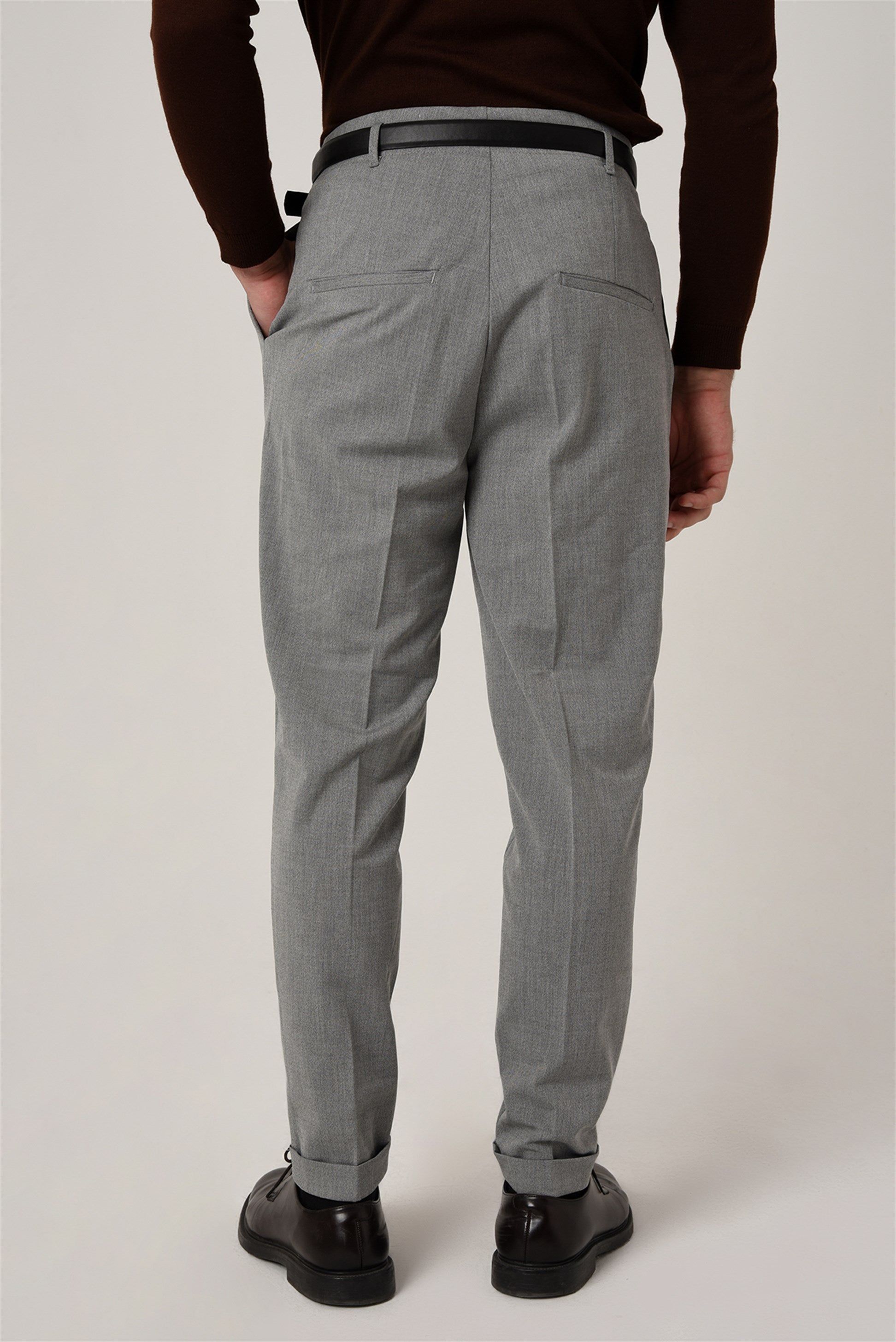 Antioch-Orta Gri Yüksek Bel Kemerli Pantolon-Kumaş Pantolon-3-Milagron.com