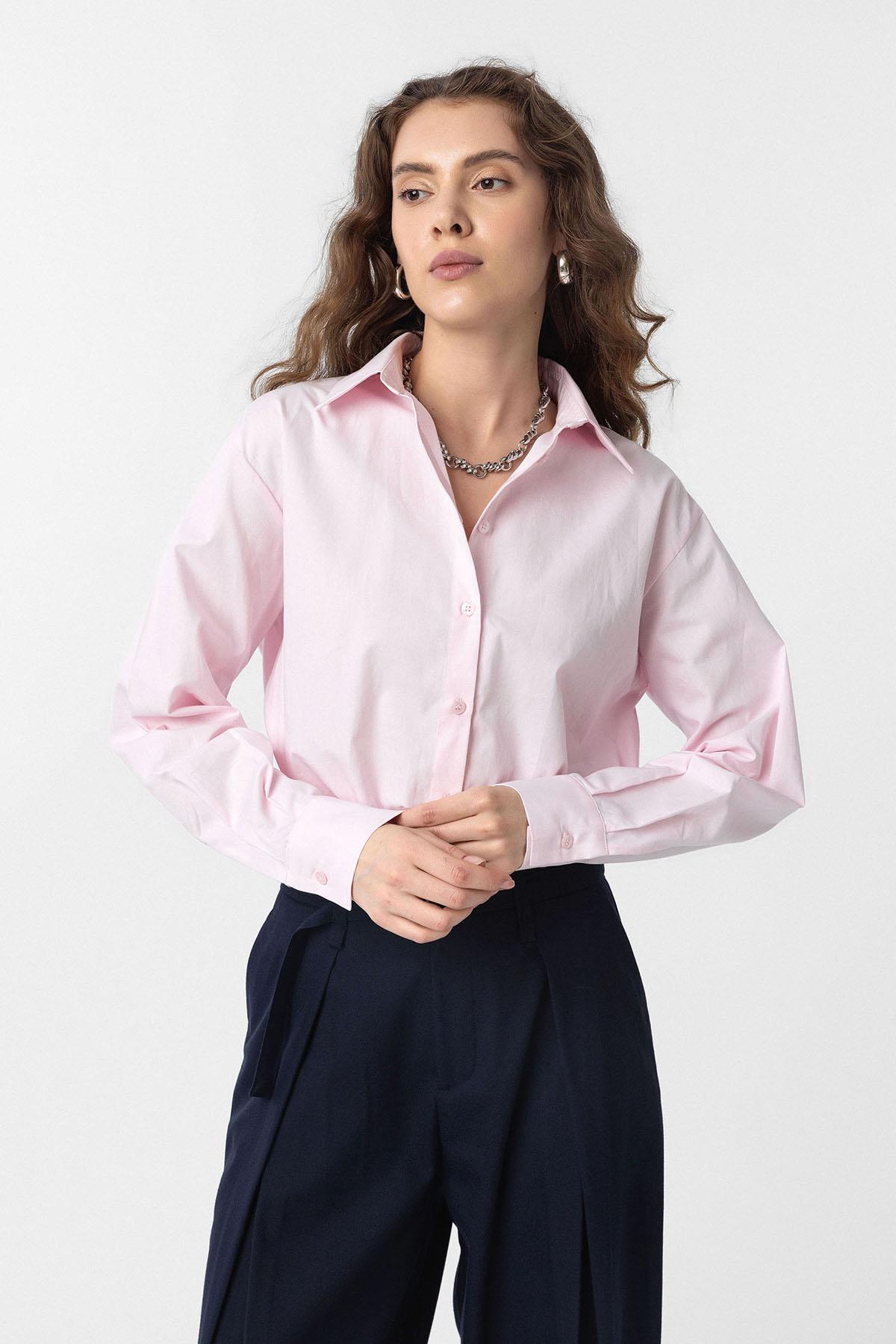 Antioch-Pembe Crop Poplin Kadın Gömlek-Gömlek-1-Milagron.com