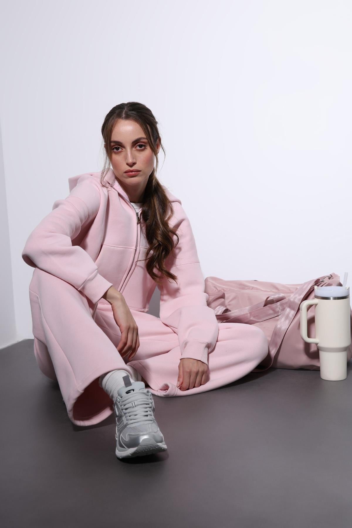 Antioch-Pembe Fermuarlı Kapüşanlı Kadın Sweatshirt-Sweatshirt-1-Milagron.com