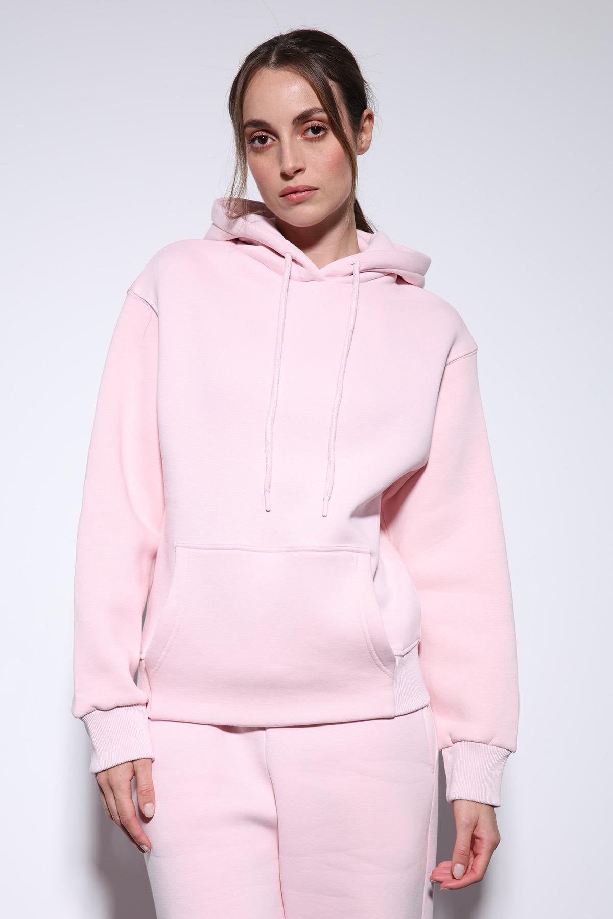 Antioch-Pembe Kapüşonlu Basic Kadın Sweatshirt-Sweatshirt-3-Milagron.com