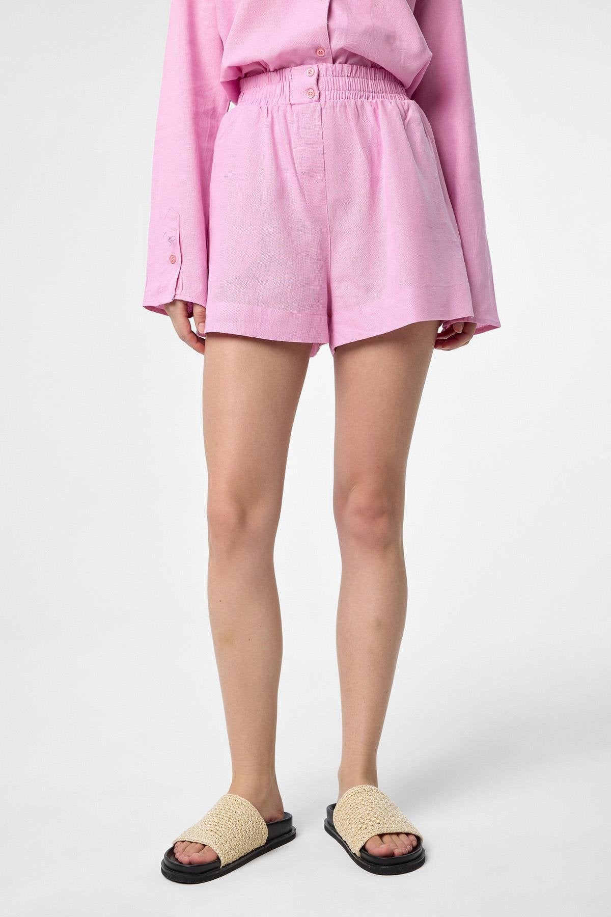 Antioch-Pembe Keten Karışımlı Şort Gömlek Kadın Takım-Alt - Üst Takım-4-Milagron.com