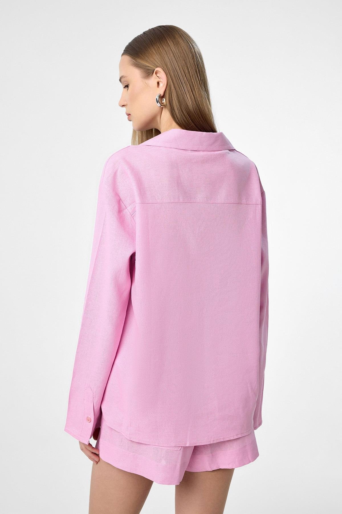 Antioch-Pembe Keten Karışımlı Şort Gömlek Kadın Takım-Alt - Üst Takım-7-Milagron.com