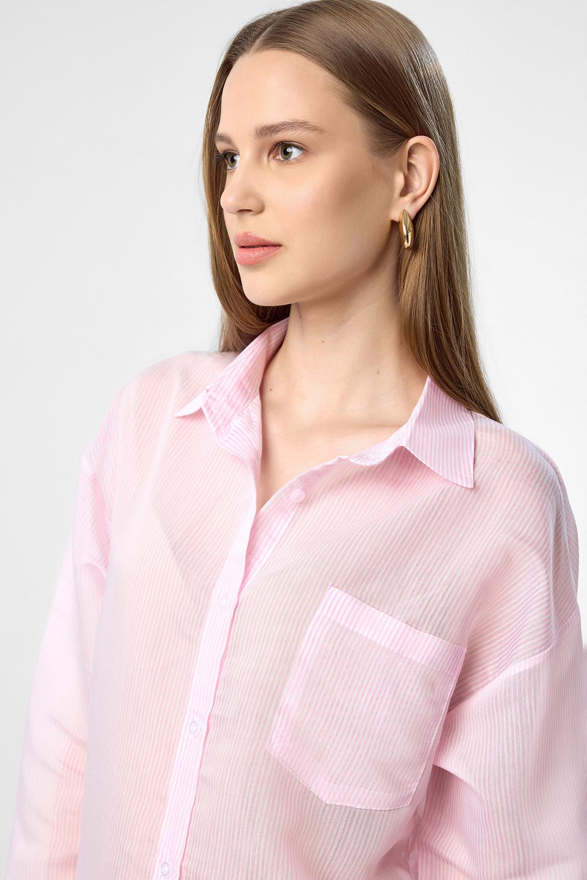 Antioch-Pembe Relax Fit Çizgili Uzun Kollu Kadın Gömlek-Gömlek-6-Milagron.com