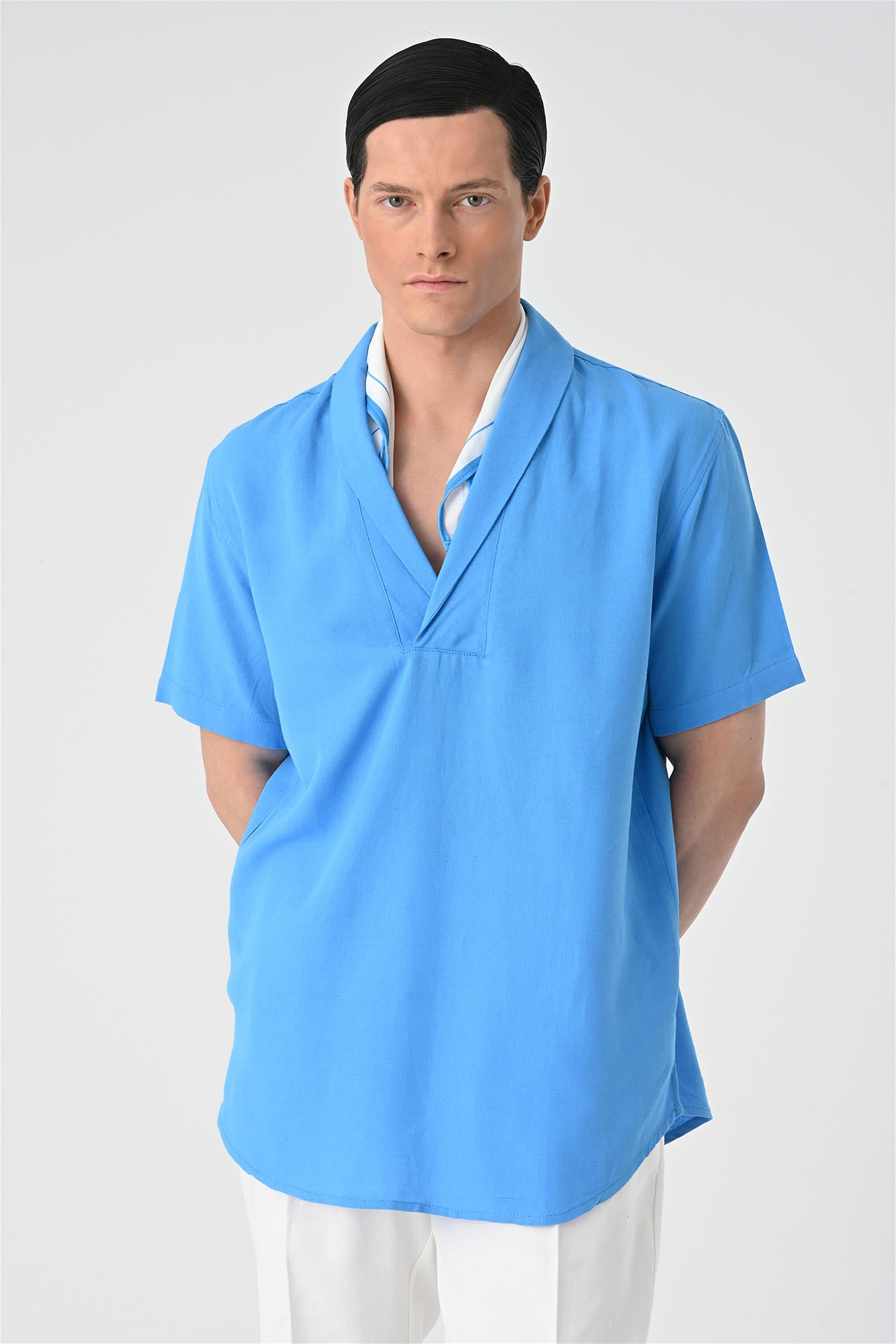 Antioch-Saks Relax Fit Şal Yaka Kısa Kollu Erkek Gömlek-Gömlek-2-Milagron.com