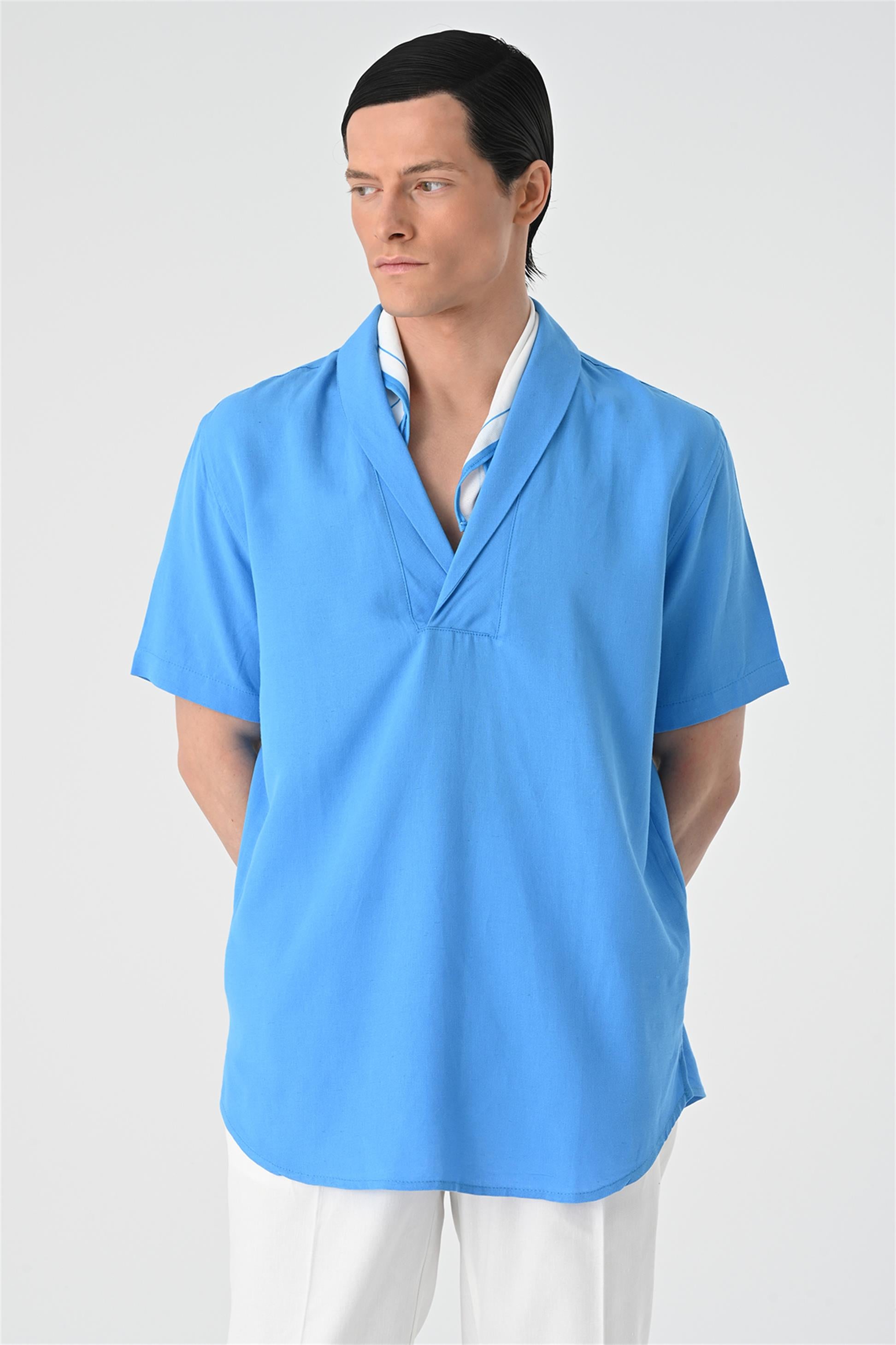 Antioch-Saks Relax Fit Şal Yaka Kısa Kollu Erkek Gömlek-Gömlek-3-Milagron.com