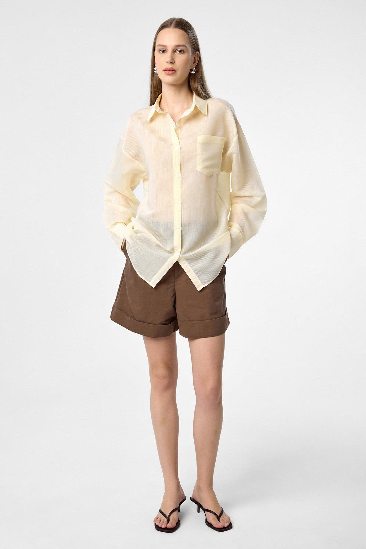 Antioch-Sarı Relax Fit Çizgili Uzun Kollu Kadın Gömlek-Gömlek-6-Milagron.com