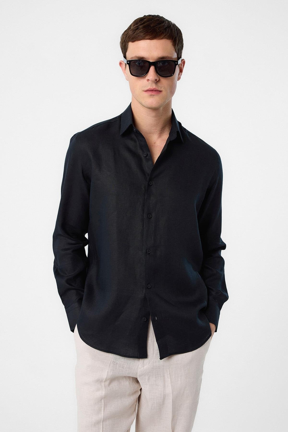 Antioch-Siyah 100% Keten Comfort Fit Erkek Gömlek-Gömlek-1-Milagron.com