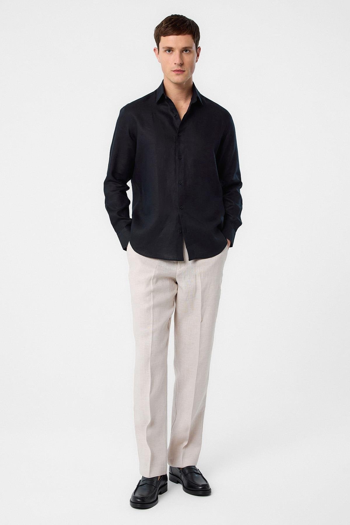 Antioch-Siyah 100% Keten Comfort Fit Erkek Gömlek-Gömlek-2-Milagron.com