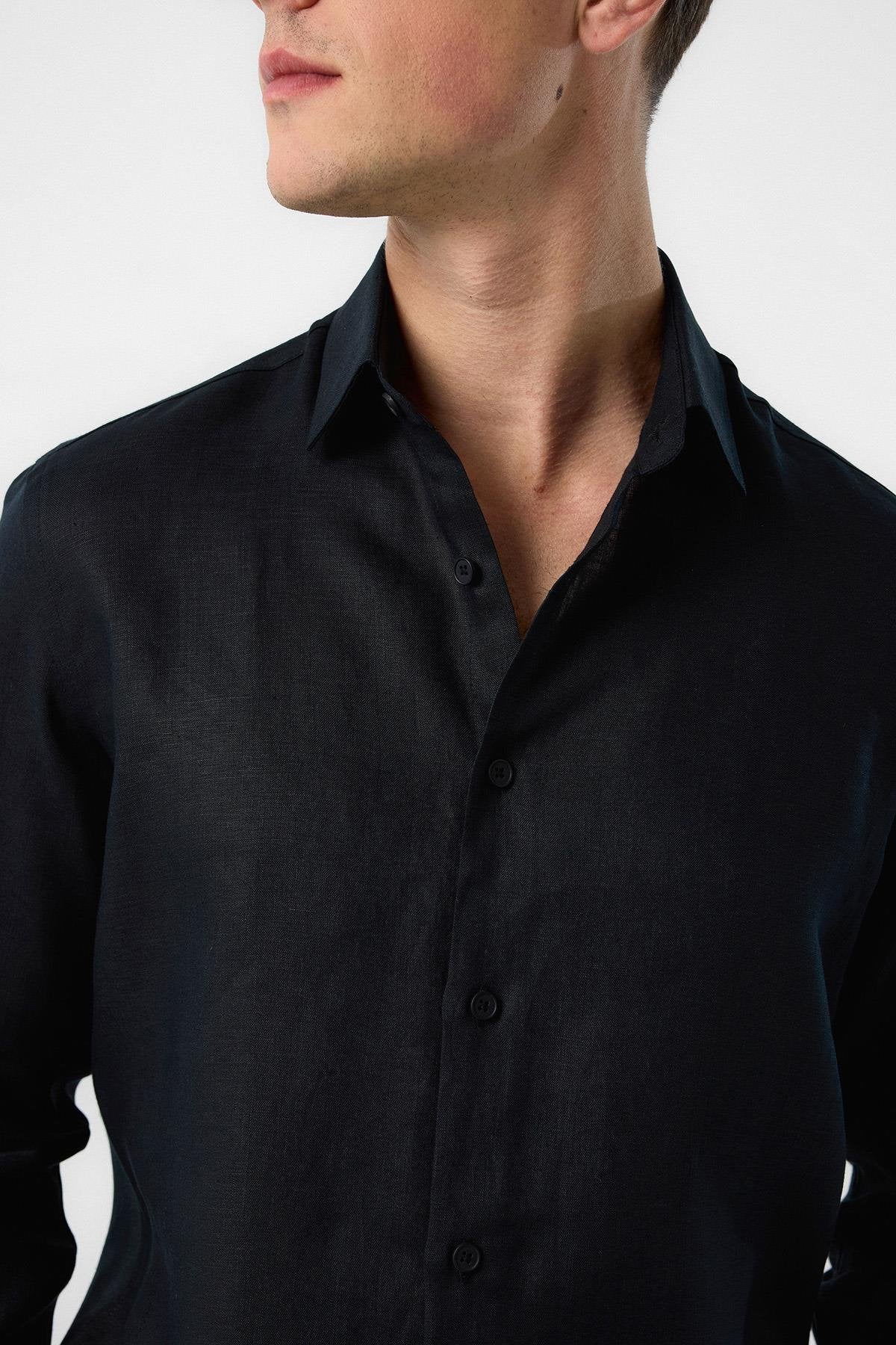Antioch-Siyah 100% Keten Comfort Fit Erkek Gömlek-Gömlek-3-Milagron.com