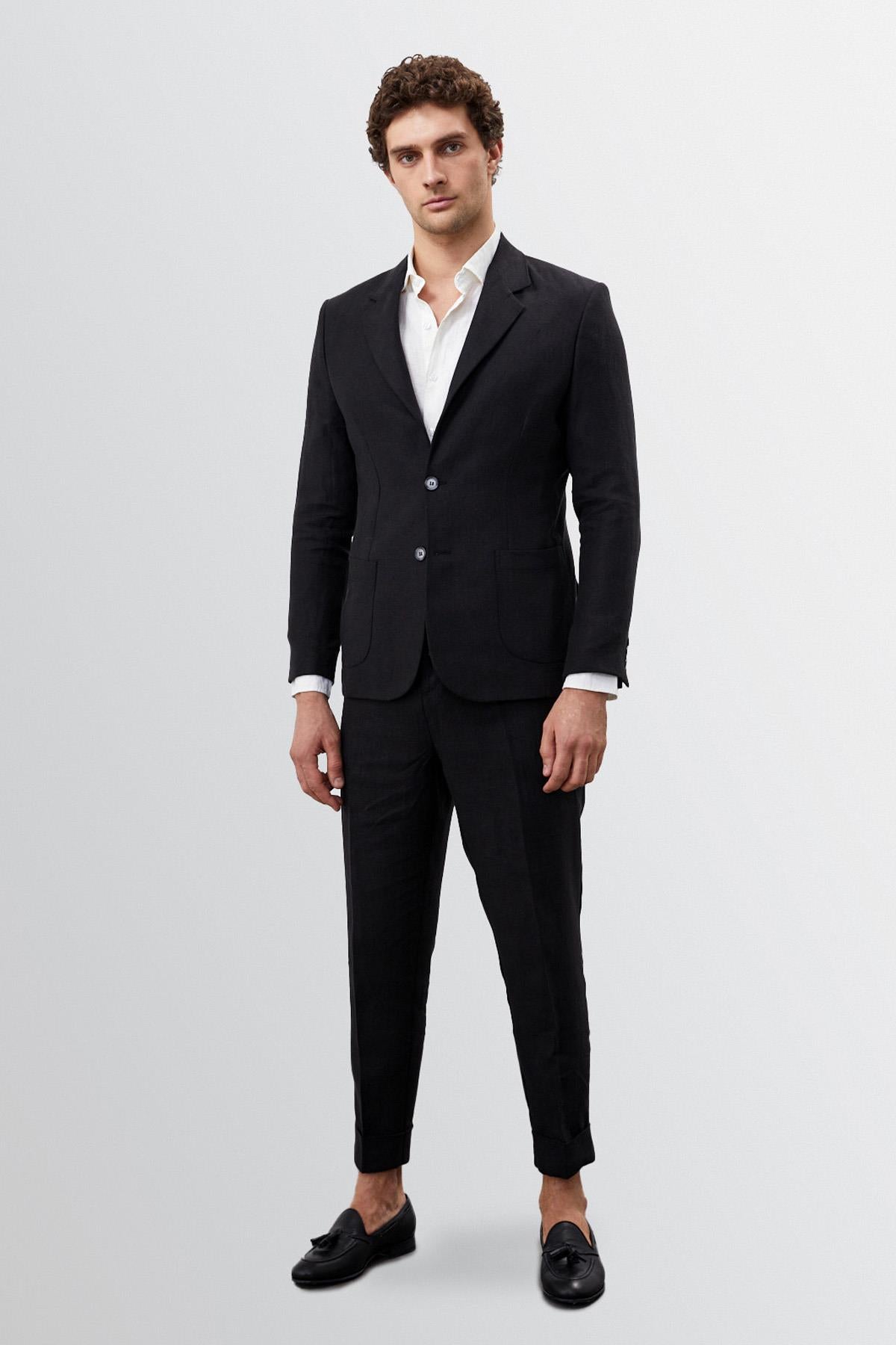 Antioch-Siyah %100 Keten Erkek Blazer Ceket-Ceket-1-Milagron.com
