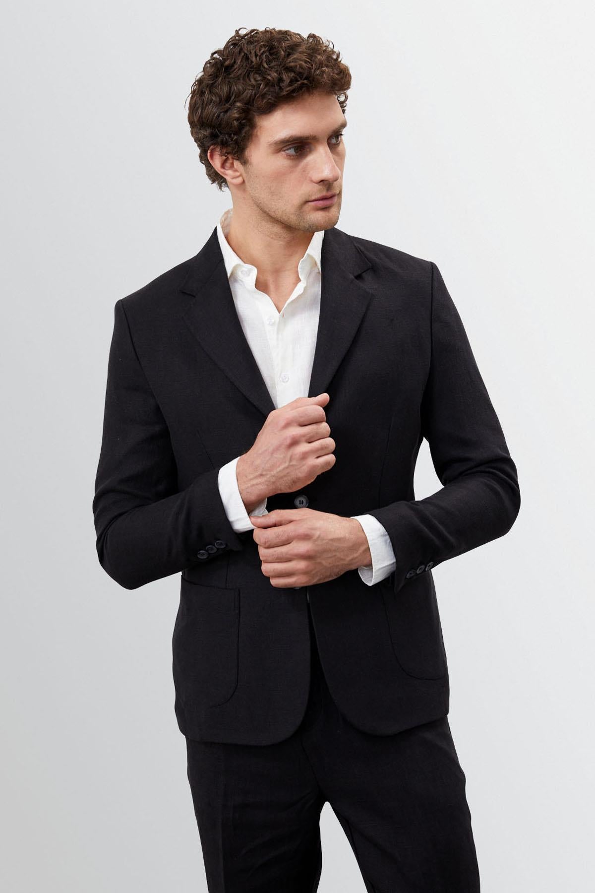 Antioch-Siyah %100 Keten Erkek Blazer Ceket-Ceket-3-Milagron.com