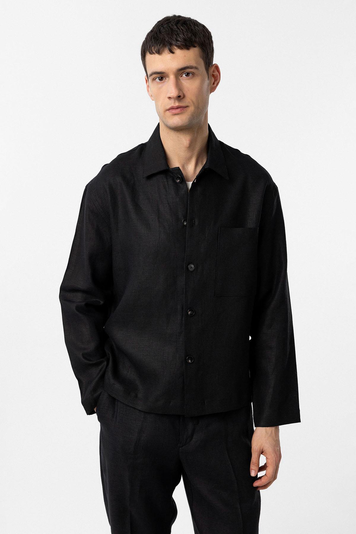 Antioch-Siyah 100% Keten Relax Fit Erkek İnce Ceket-Ceket-1-Milagron.com