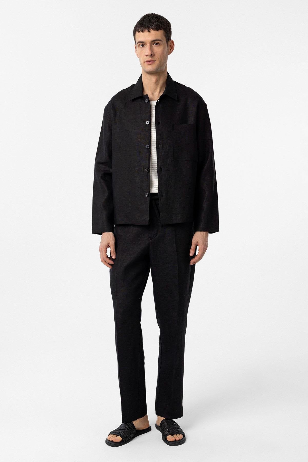 Antioch-Siyah 100% Keten Relax Fit Erkek İnce Ceket-Ceket-2-Milagron.com