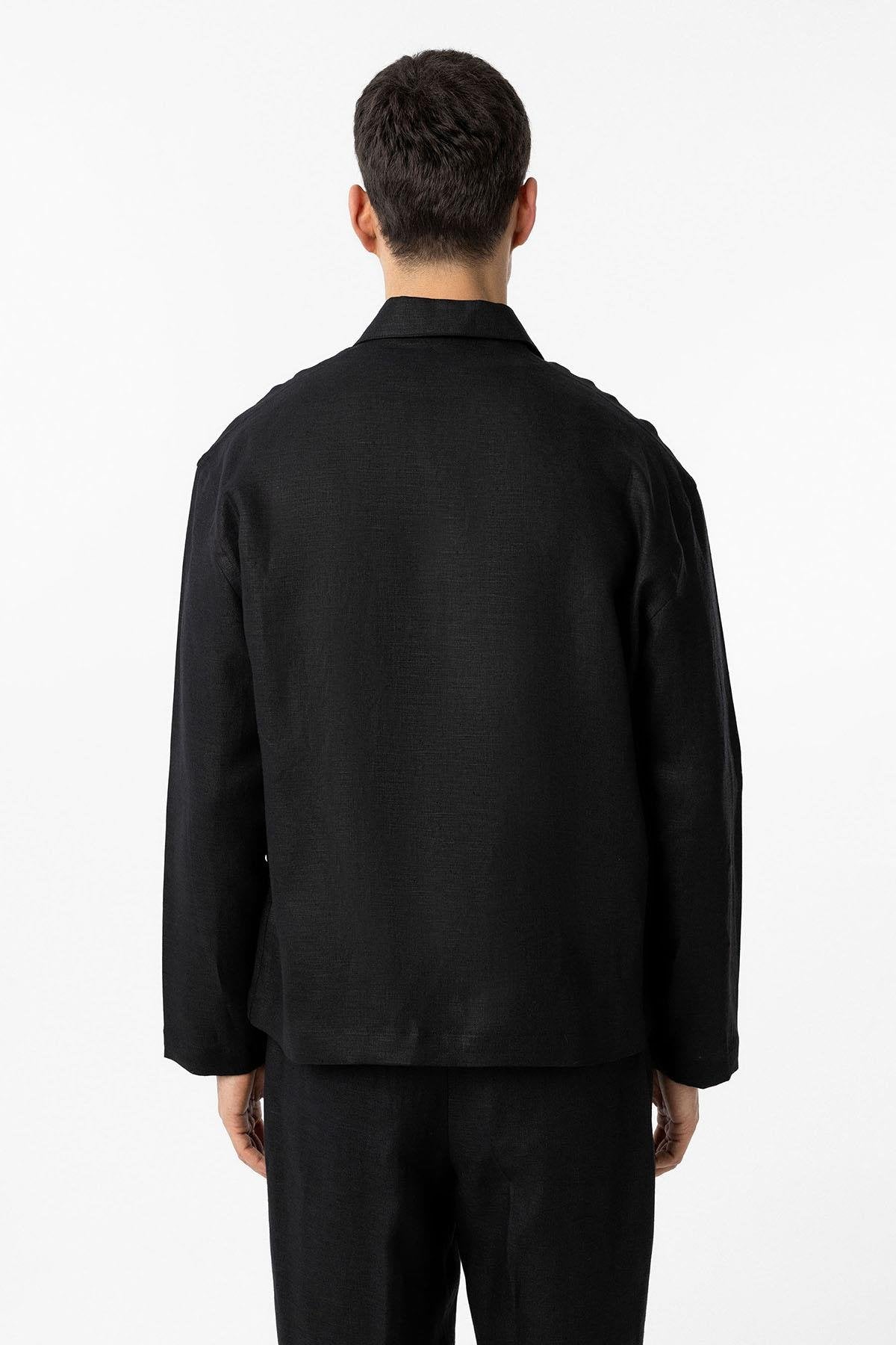 Antioch-Siyah 100% Keten Relax Fit Erkek İnce Ceket-Ceket-4-Milagron.com