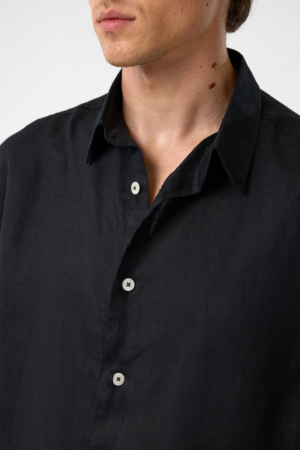 Antioch-Siyah 100% Keten Relaxed Erkek Gömlek-Gömlek-3-Milagron.com