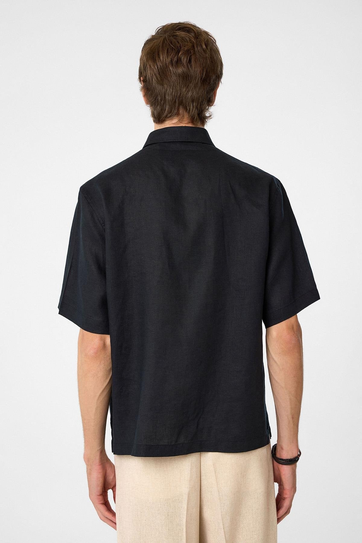 Antioch-Siyah 100% Keten Relaxed Erkek Gömlek-Gömlek-4-Milagron.com