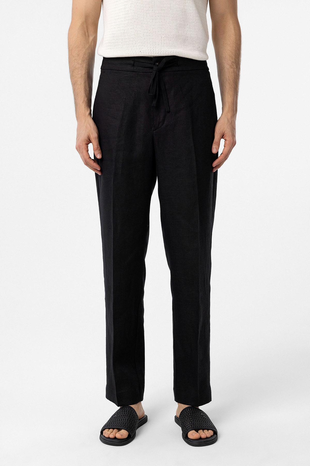 Antioch-Siyah 100% Keten Yüksek Bel Erkek Pantolon-Kumaş Pantolon-1-Milagron.com