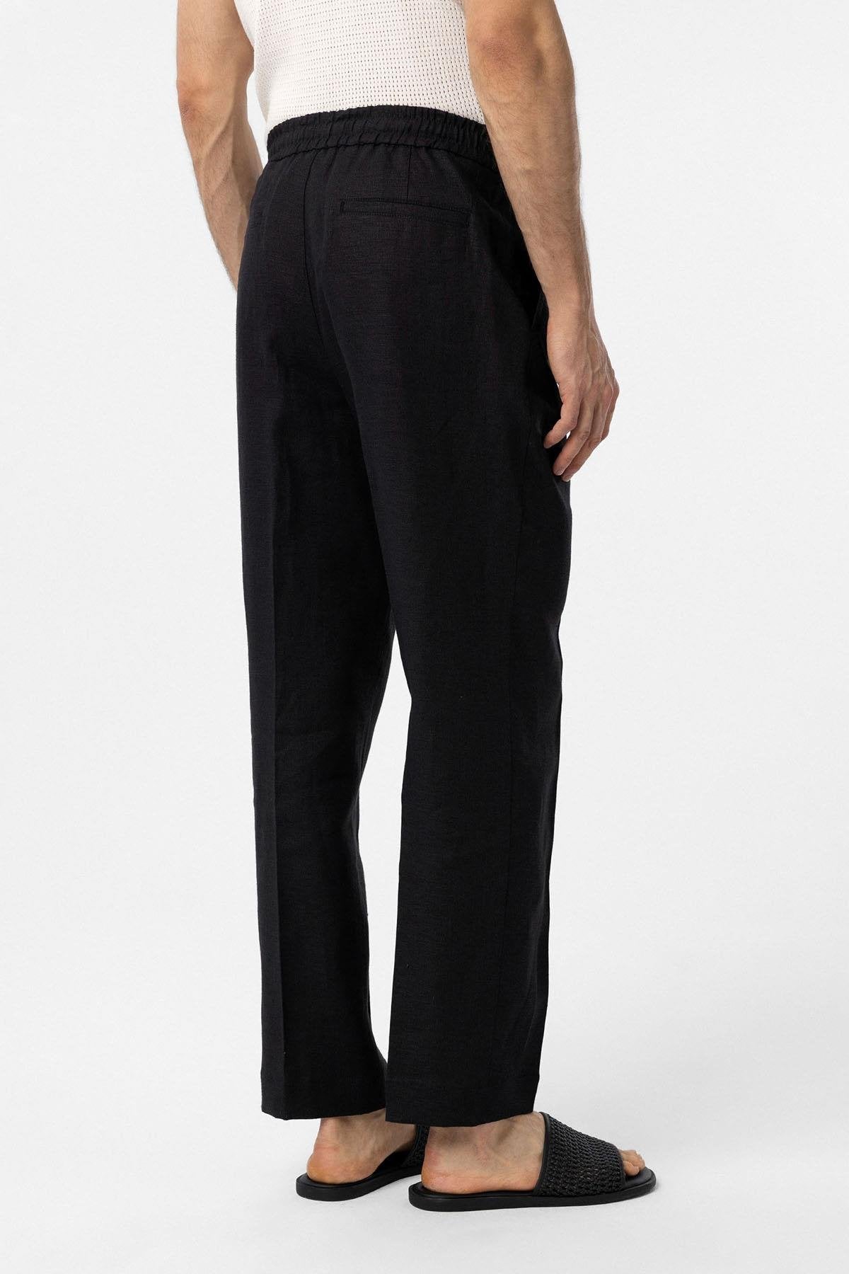 Antioch-Siyah 100% Keten Yüksek Bel Erkek Pantolon-Kumaş Pantolon-4-Milagron.com