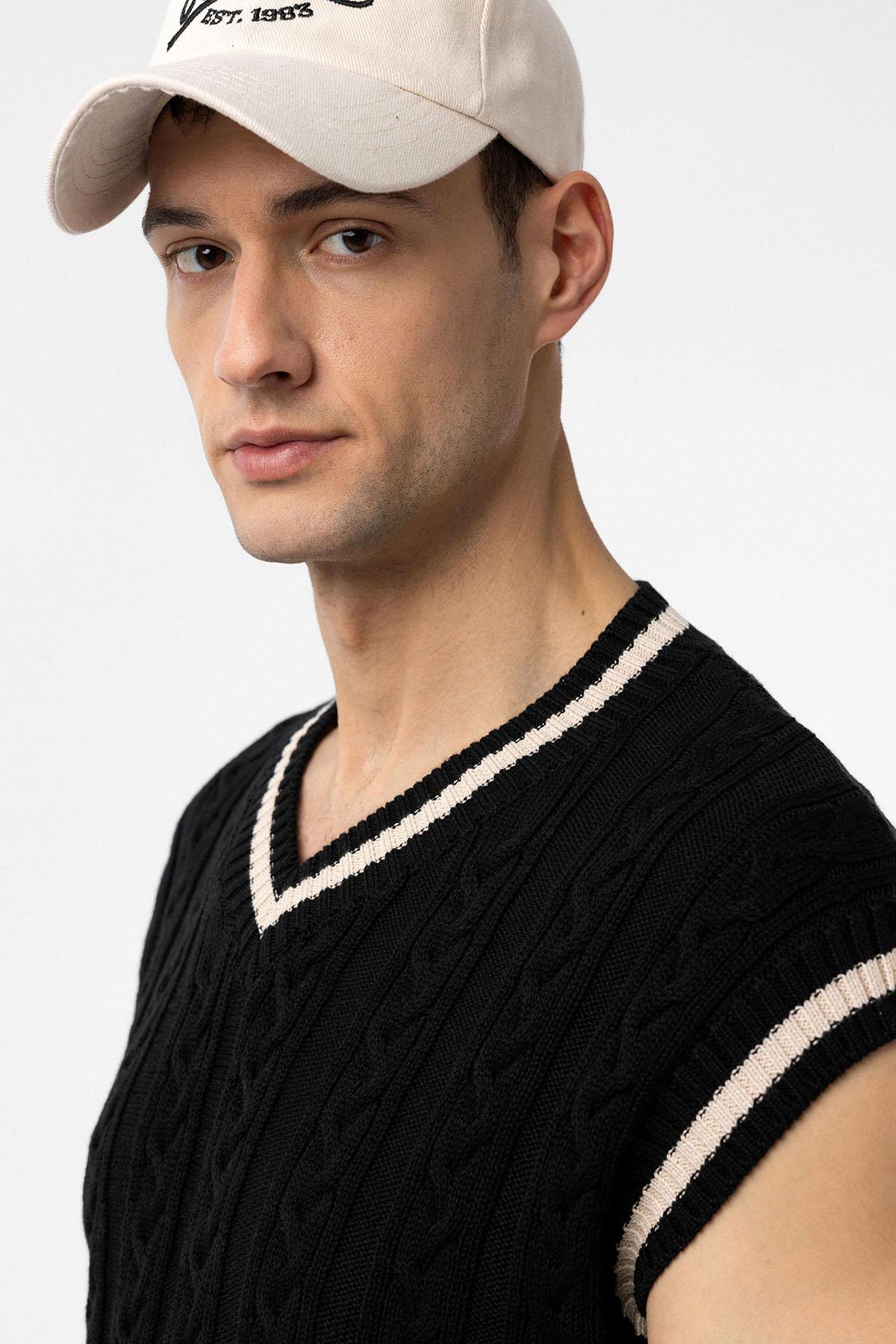 Antioch-Siyah 100% Pamuk Örgü Erkek Yelek-Yelek-3-Milagron.com