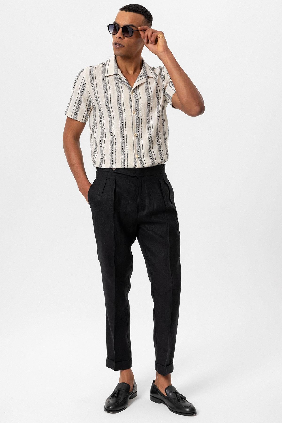 Antioch-Siyah Apaş Yaka Çizgili Kısa Kollu Erkek Gömlek-Gömlek-2-Milagron.com