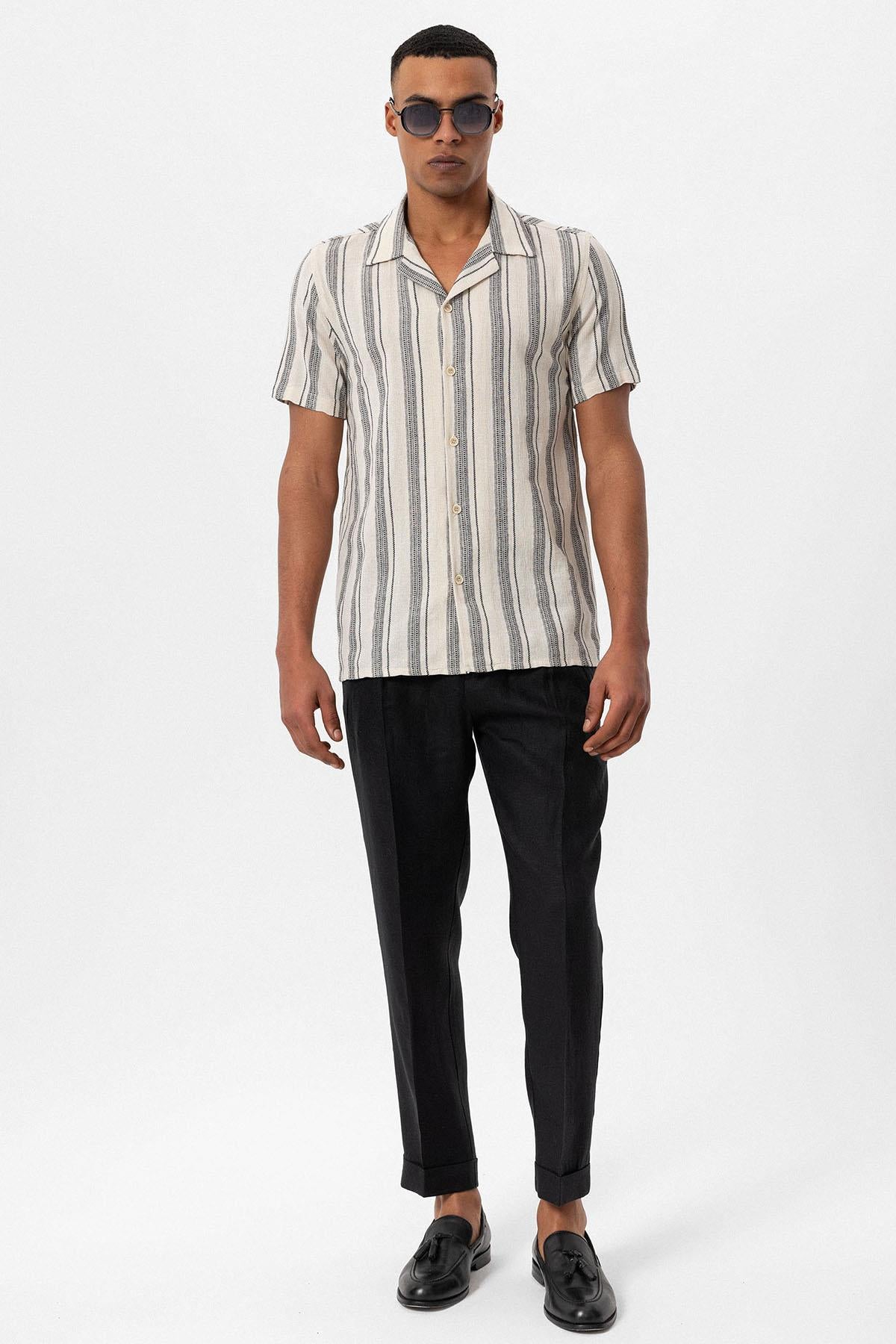 Antioch-Siyah Apaş Yaka Çizgili Kısa Kollu Erkek Gömlek-Gömlek-3-Milagron.com