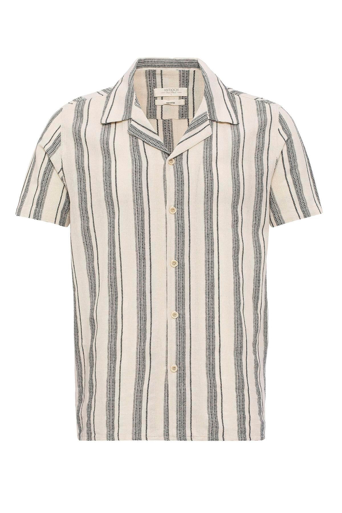 Antioch-Siyah Apaş Yaka Çizgili Kısa Kollu Erkek Gömlek-Gömlek-7-Milagron.com