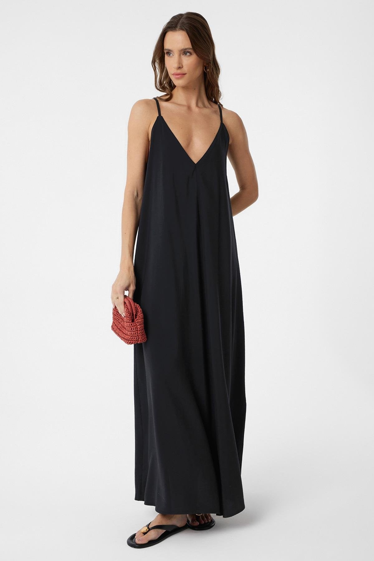 Antioch-Siyah Askılı Modal Uzun Kadın Elbise-Elbise-1-Milagron.com