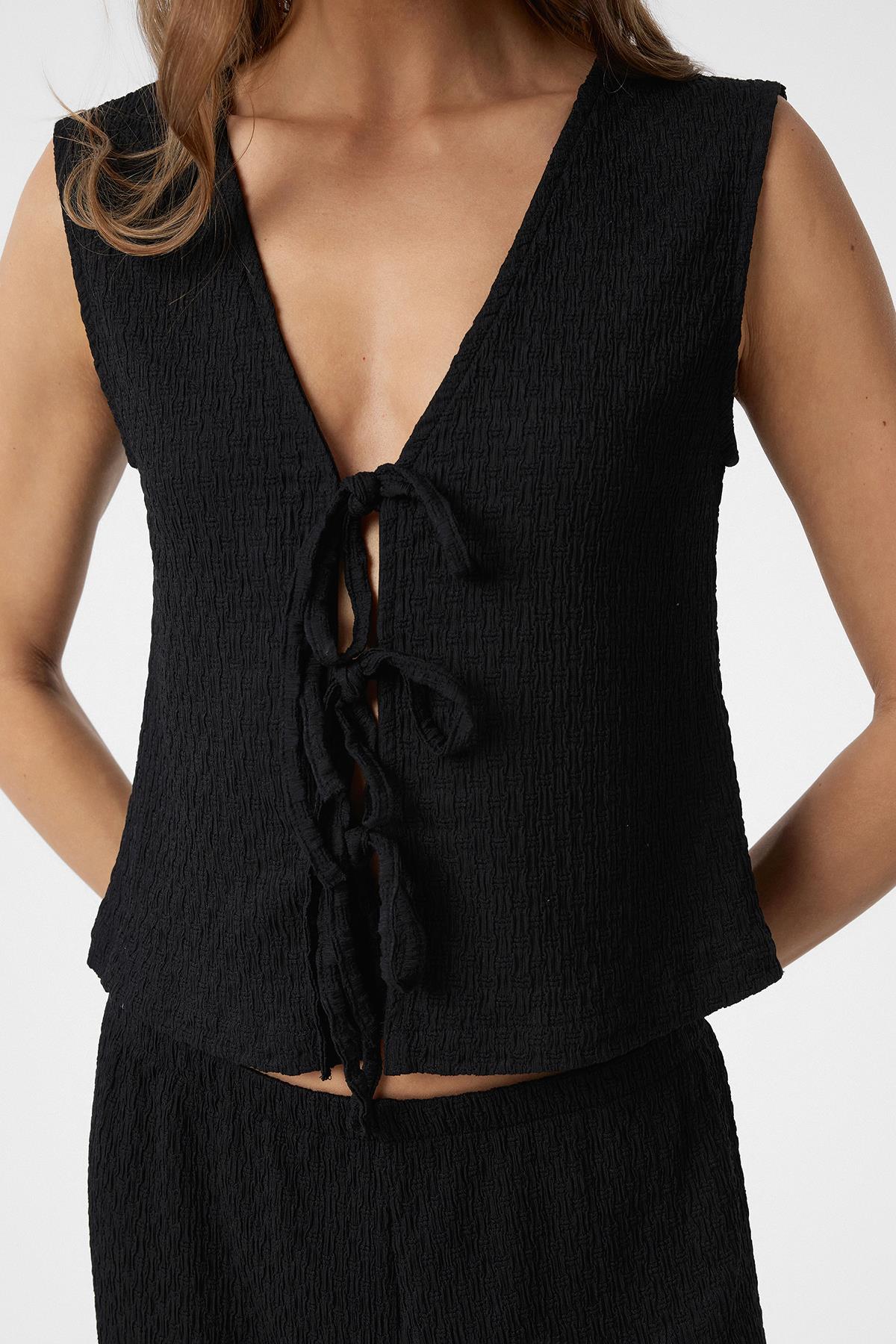 Antioch-Siyah Bağ Detaylı Dokulu Kadın Takım-Alt - Üst Takım-3-Milagron.com