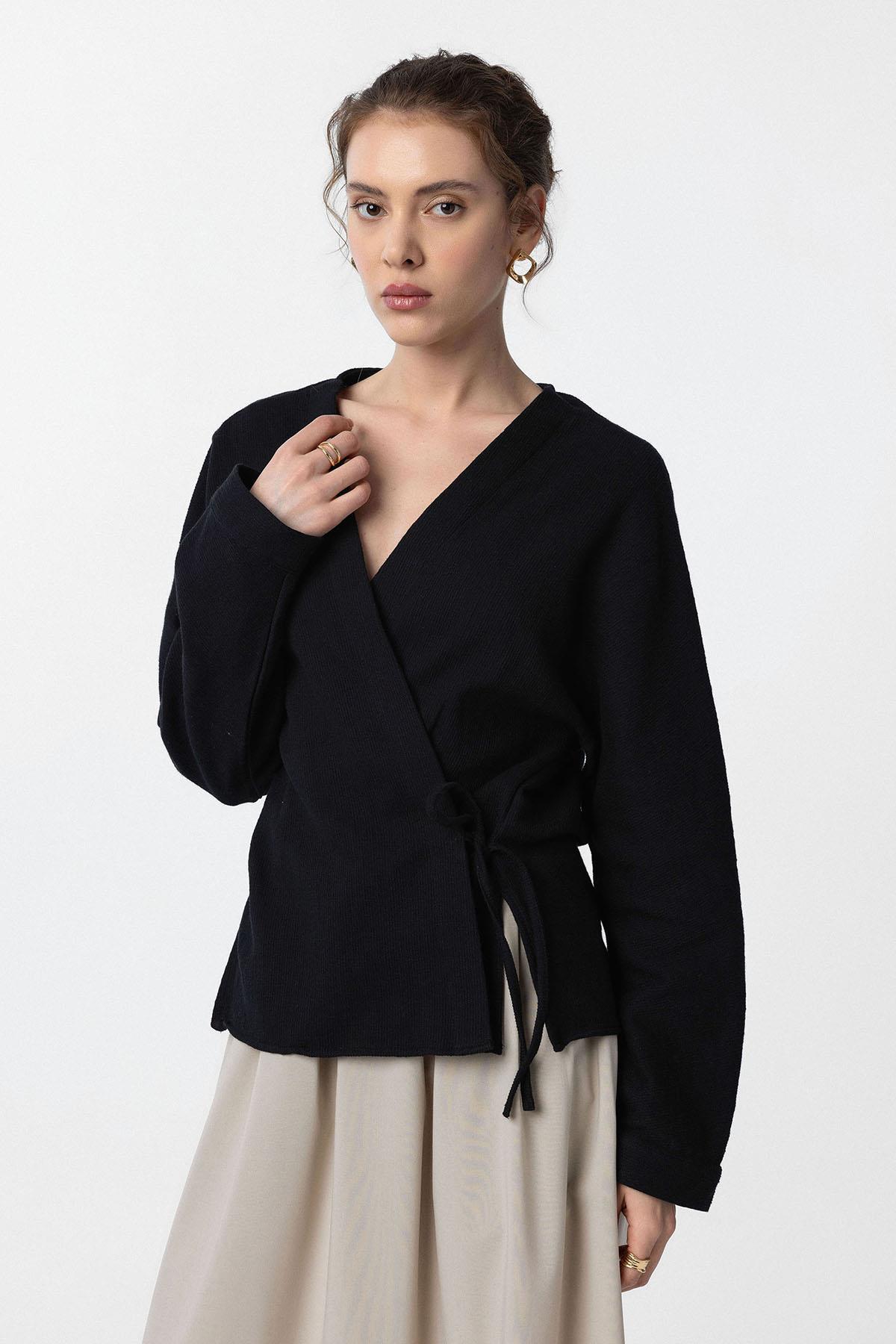 Antioch-Siyah Bağlamalı Kimono Kadın Gömlek-Gömlek-1-Milagron.com