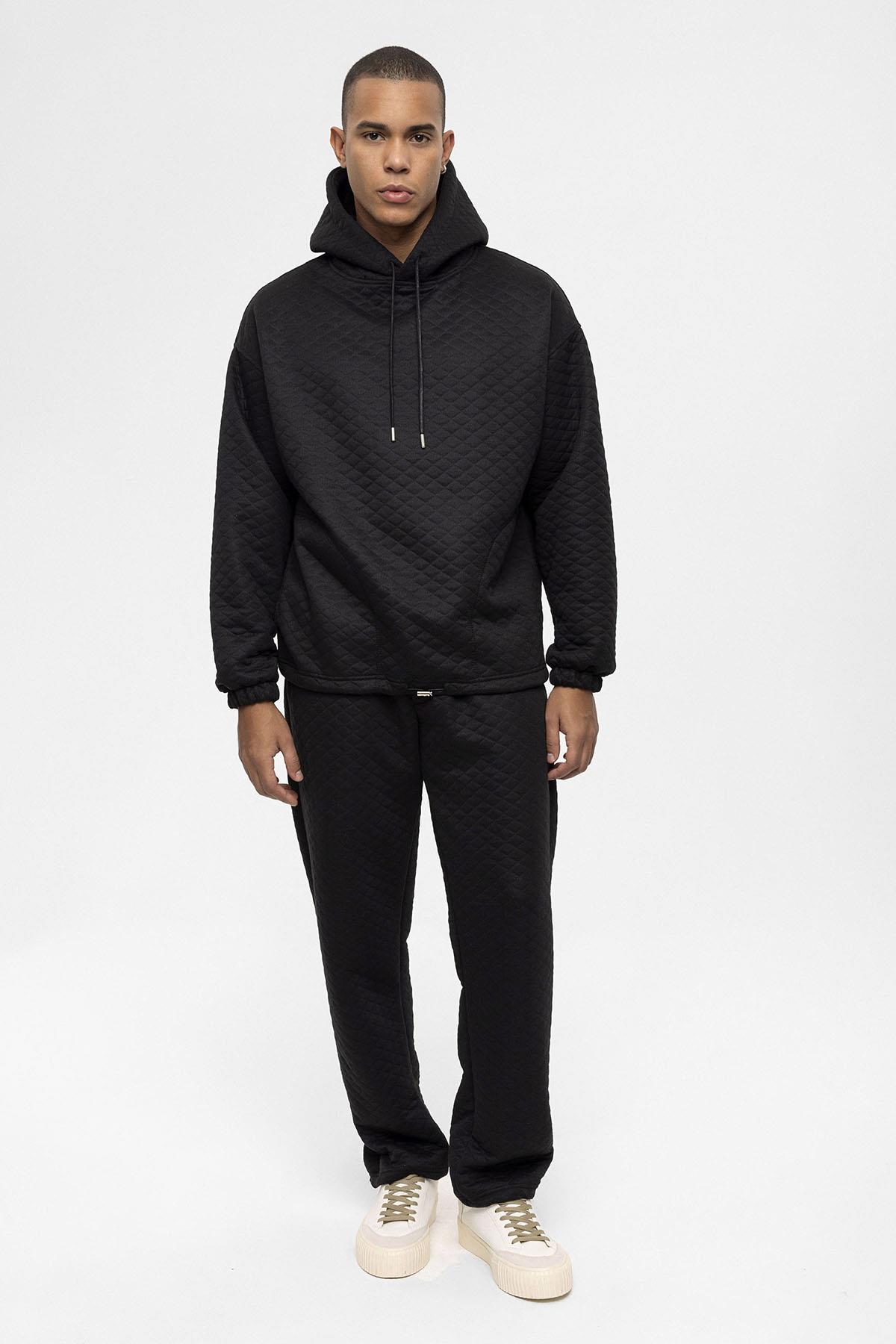 Antioch-Siyah Baklava Desenli Oversize Erkek Eşofman Takımı-Alt - Üst Takım-1-Milagron.com