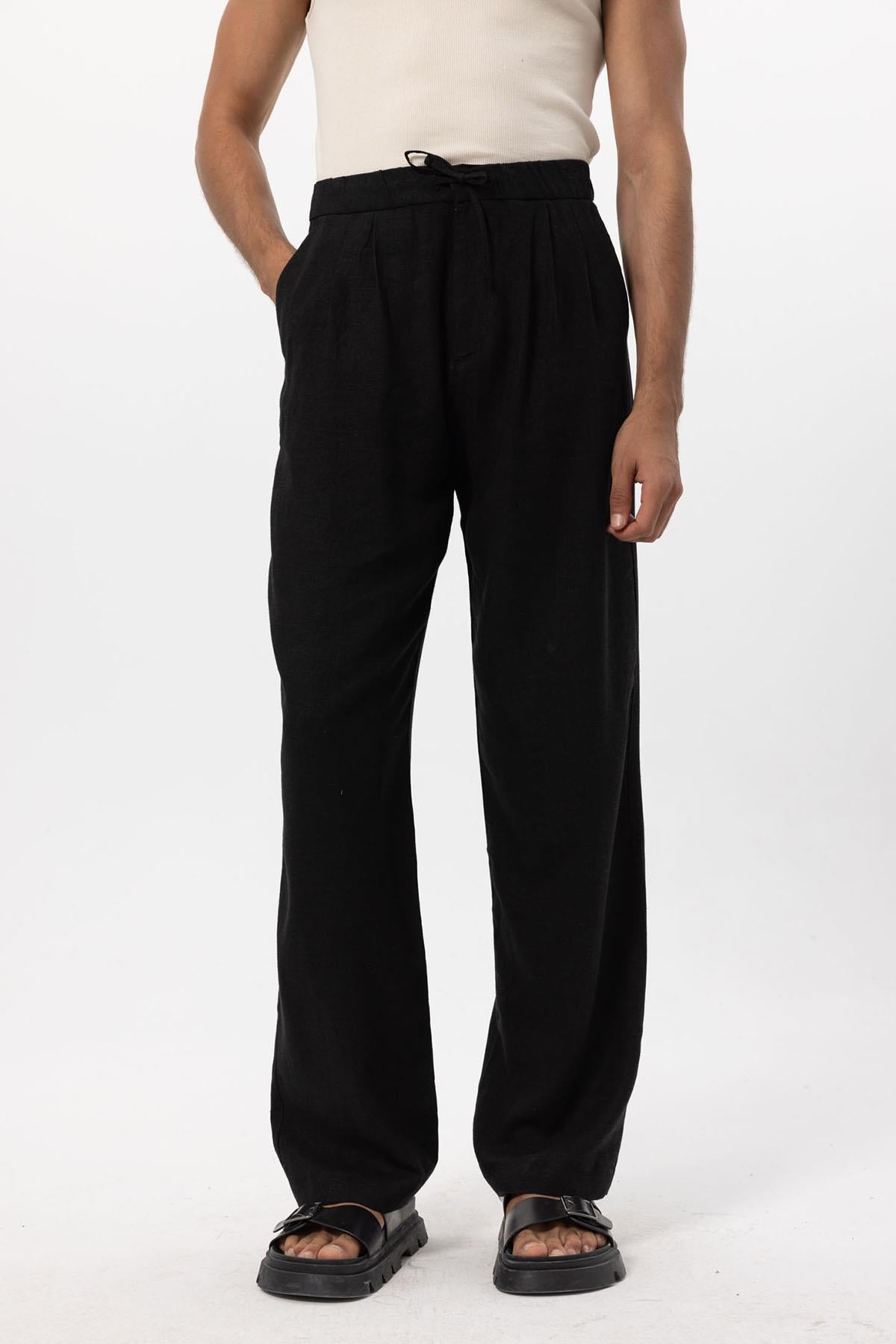 Antioch-Siyah Bel Bağlamalı Keten Karışımlı Baggy Erkek Pantolon-Pantolon-1-Milagron.com