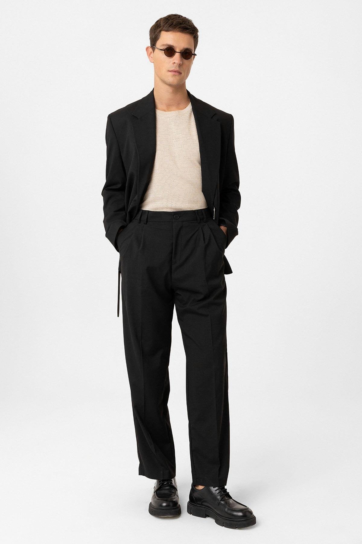 Antioch-Siyah Çift Pileli Baggy Fit Erkek Pantolon-Kumaş Pantolon-2-Milagron.com