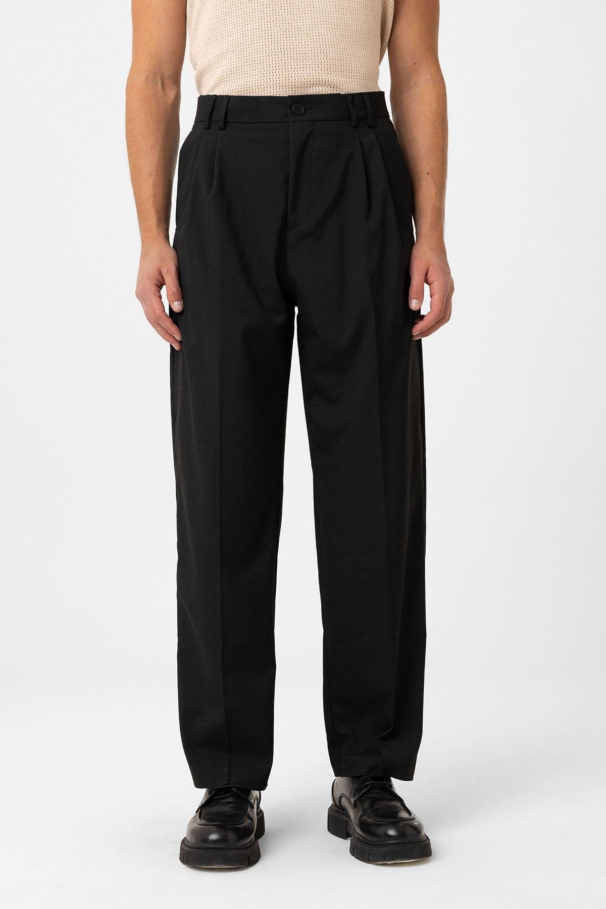 Antioch-Siyah Çift Pileli Baggy Fit Erkek Pantolon-Kumaş Pantolon-3-Milagron.com