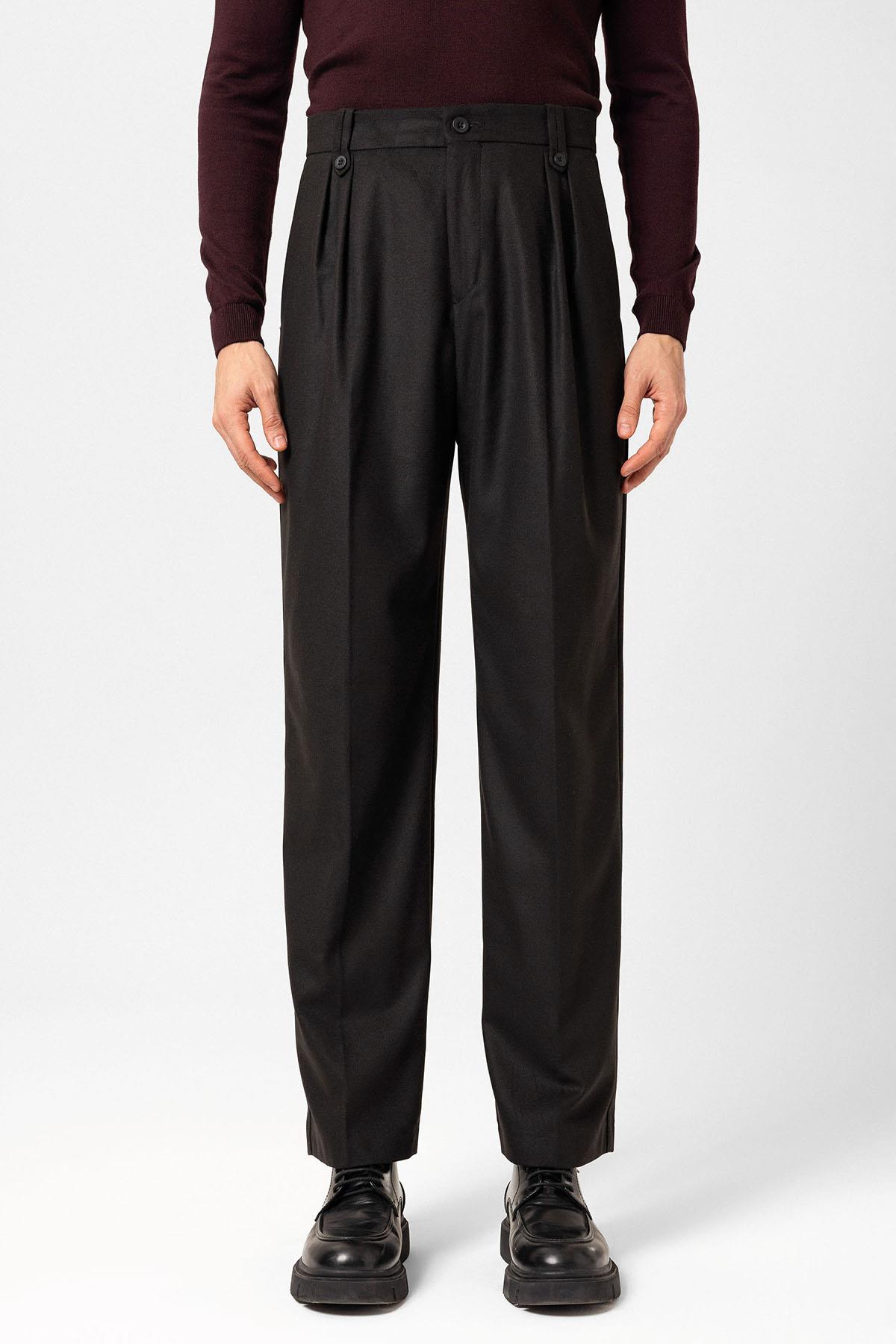 Antioch-Siyah Çift Pileli Yüksek Bel Erkek Pantolon-Kumaş Pantolon-1-Milagron.com