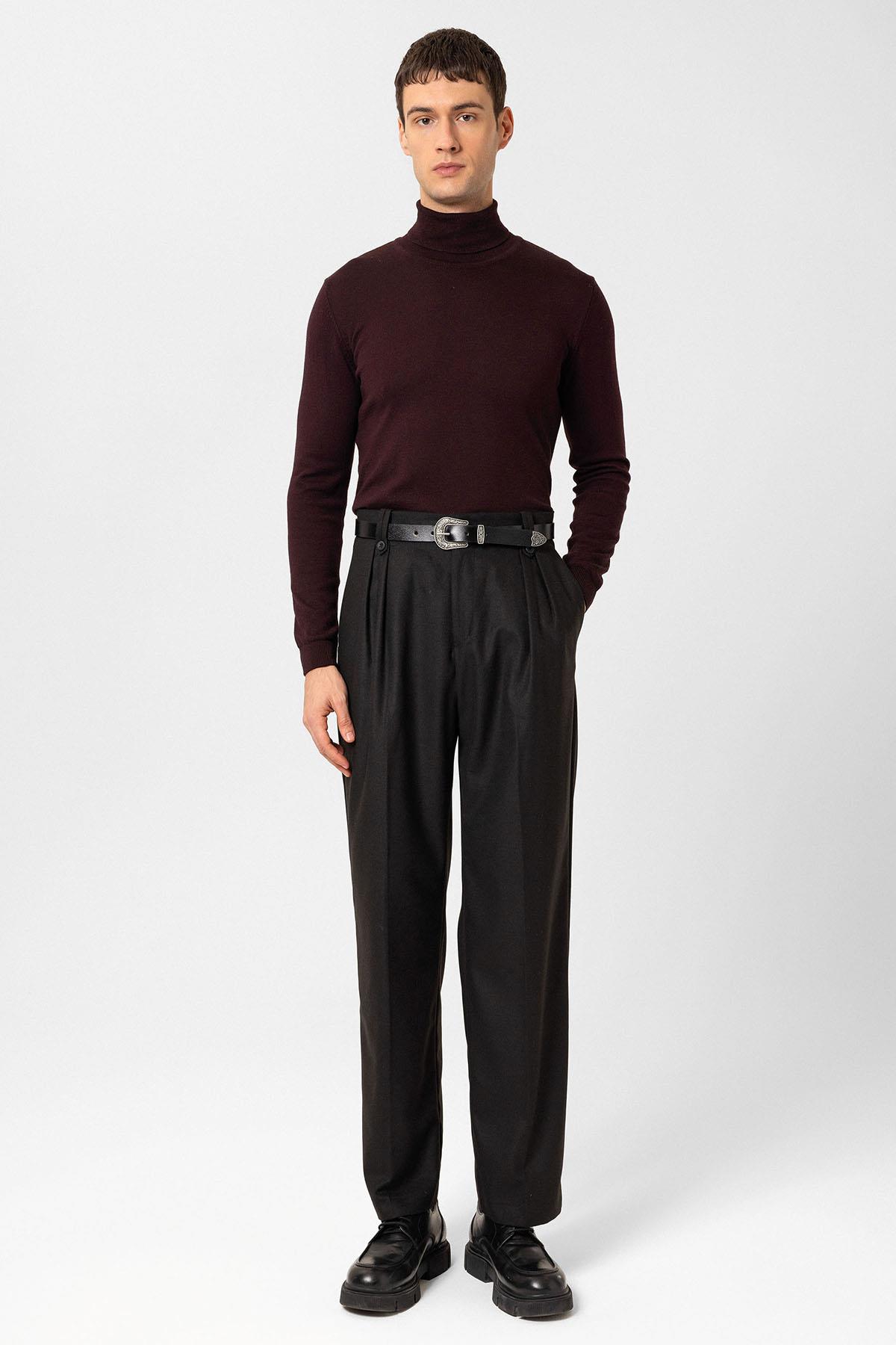 Antioch-Siyah Çift Pileli Yüksek Bel Erkek Pantolon-Kumaş Pantolon-2-Milagron.com