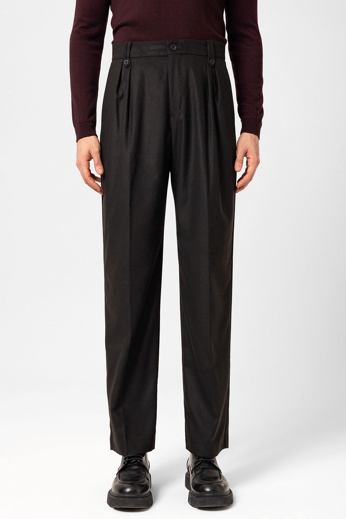 Antioch-Siyah Çift Pileli Yüksek Bel Erkek Pantolon-Kumaş Pantolon-3-Milagron.com