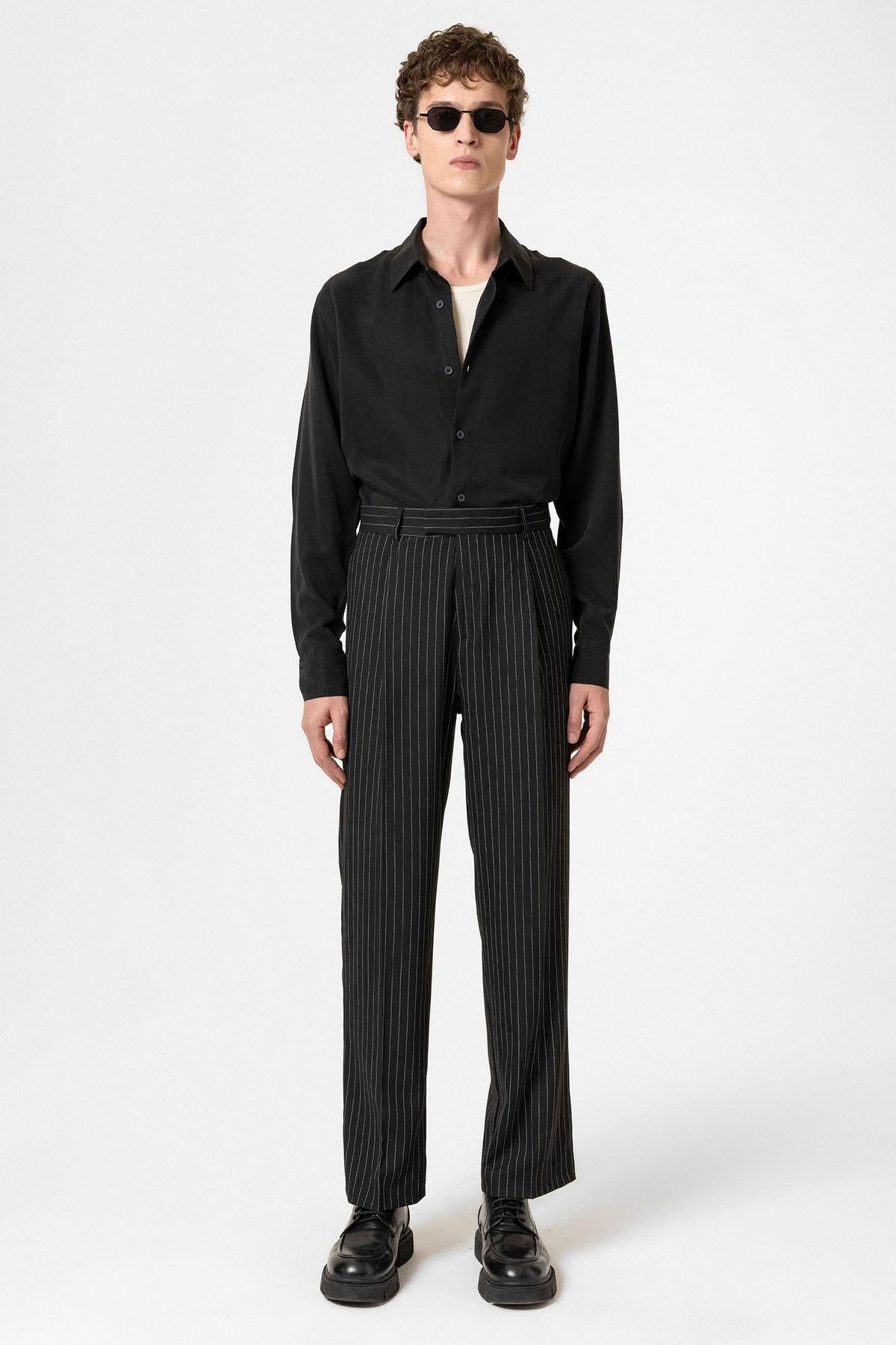 Antioch-Siyah Çizgili Relaxed Fit Erkek Pantolon-Kumaş Pantolon-2-Milagron.com