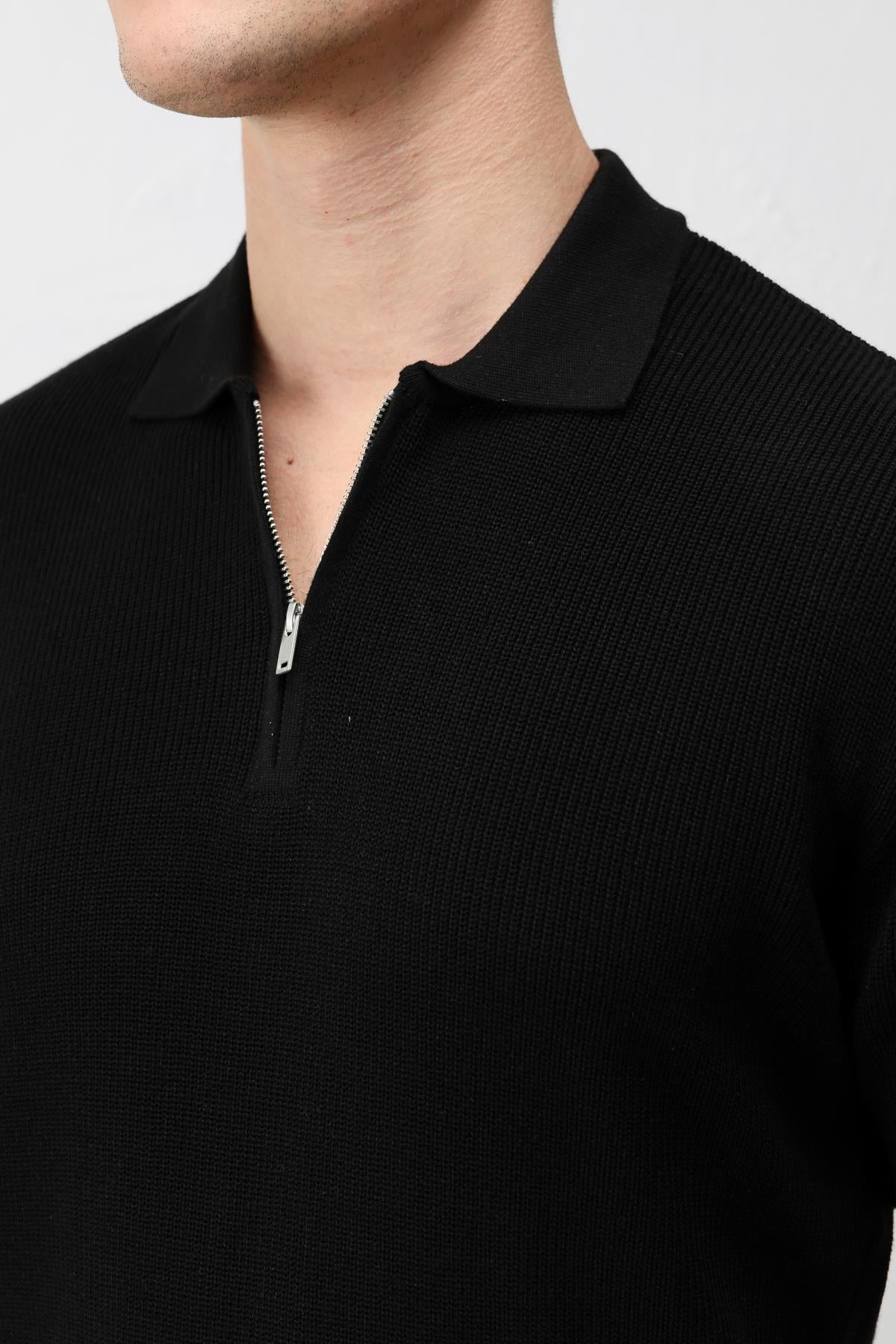 Antioch Siyah Comfort Slim Fermuarlı Erkek Triko T-Shirt