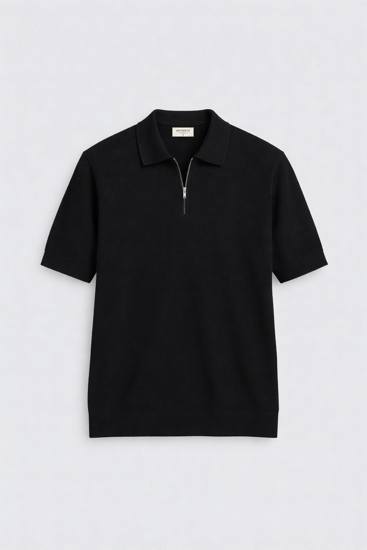 Antioch Siyah Comfort Slim Fermuarlı Erkek Triko T-Shirt