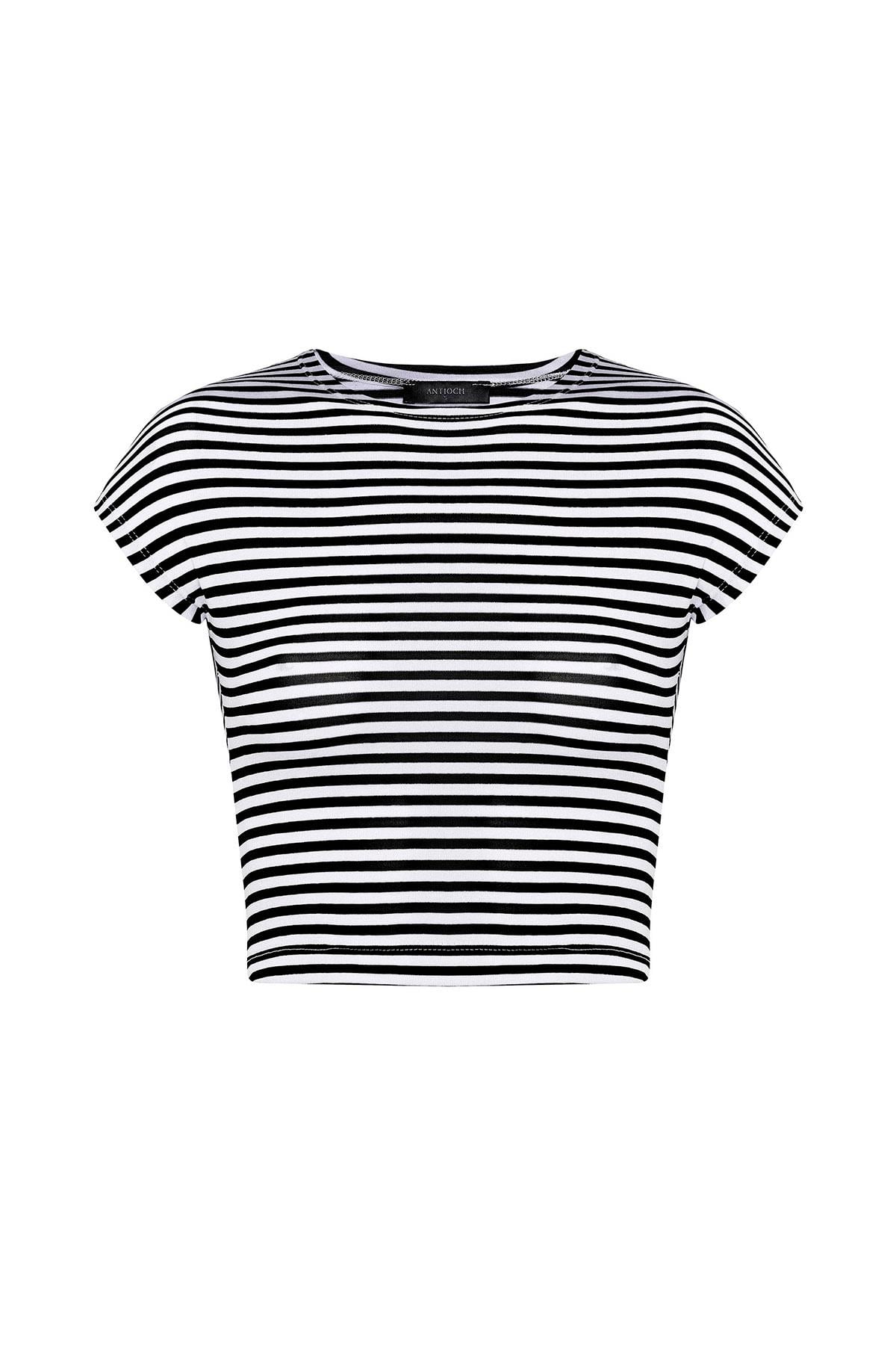 Antioch Siyah Crop Fit Çizgili Kadın T-Shirt