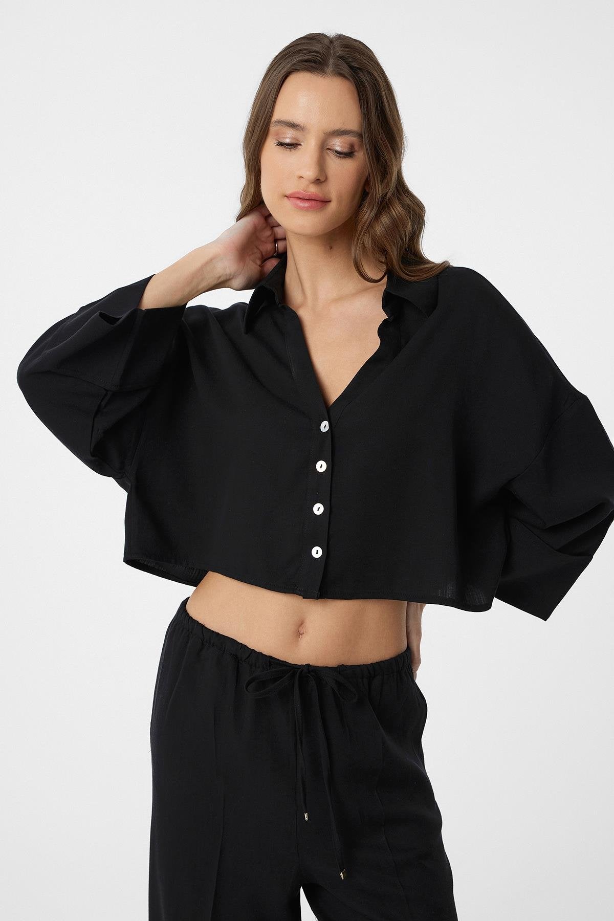 Antioch-Siyah Crop Kadın Gömlek-Gömlek-3-Milagron.com