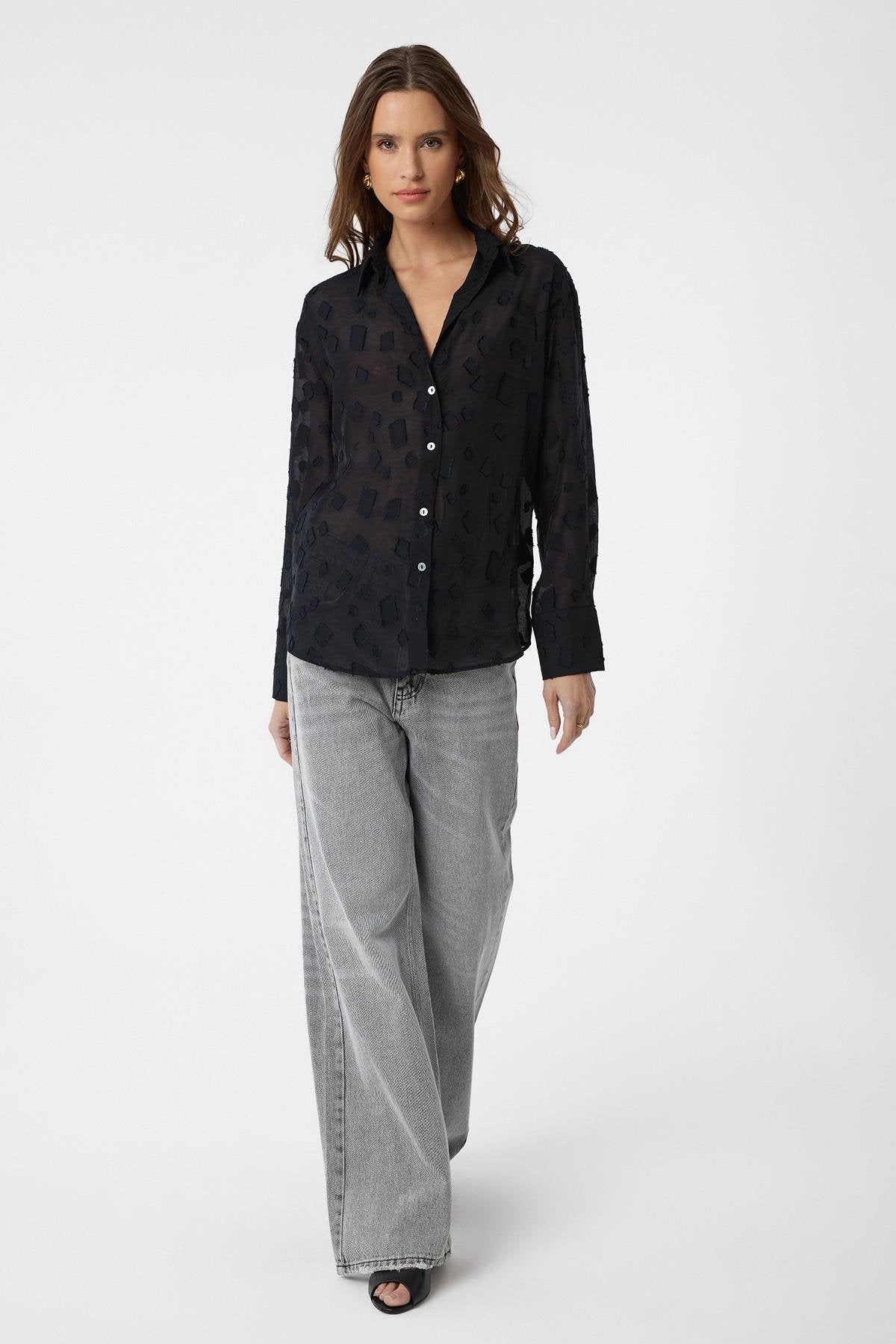 Antioch-Siyah Desenli Transparan Gömlek-Gömlek-2-Milagron.com