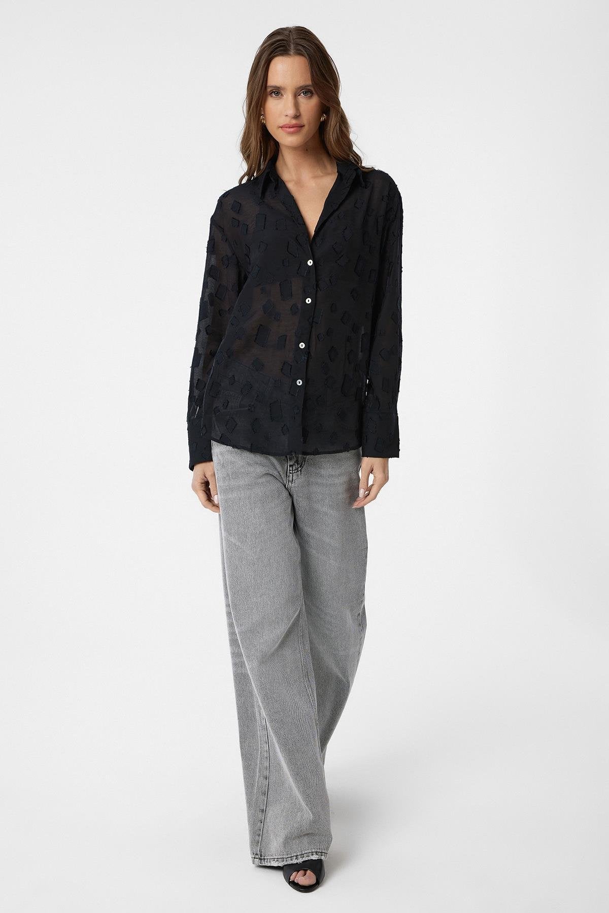 Antioch-Siyah Desenli Transparan Gömlek-Gömlek-3-Milagron.com