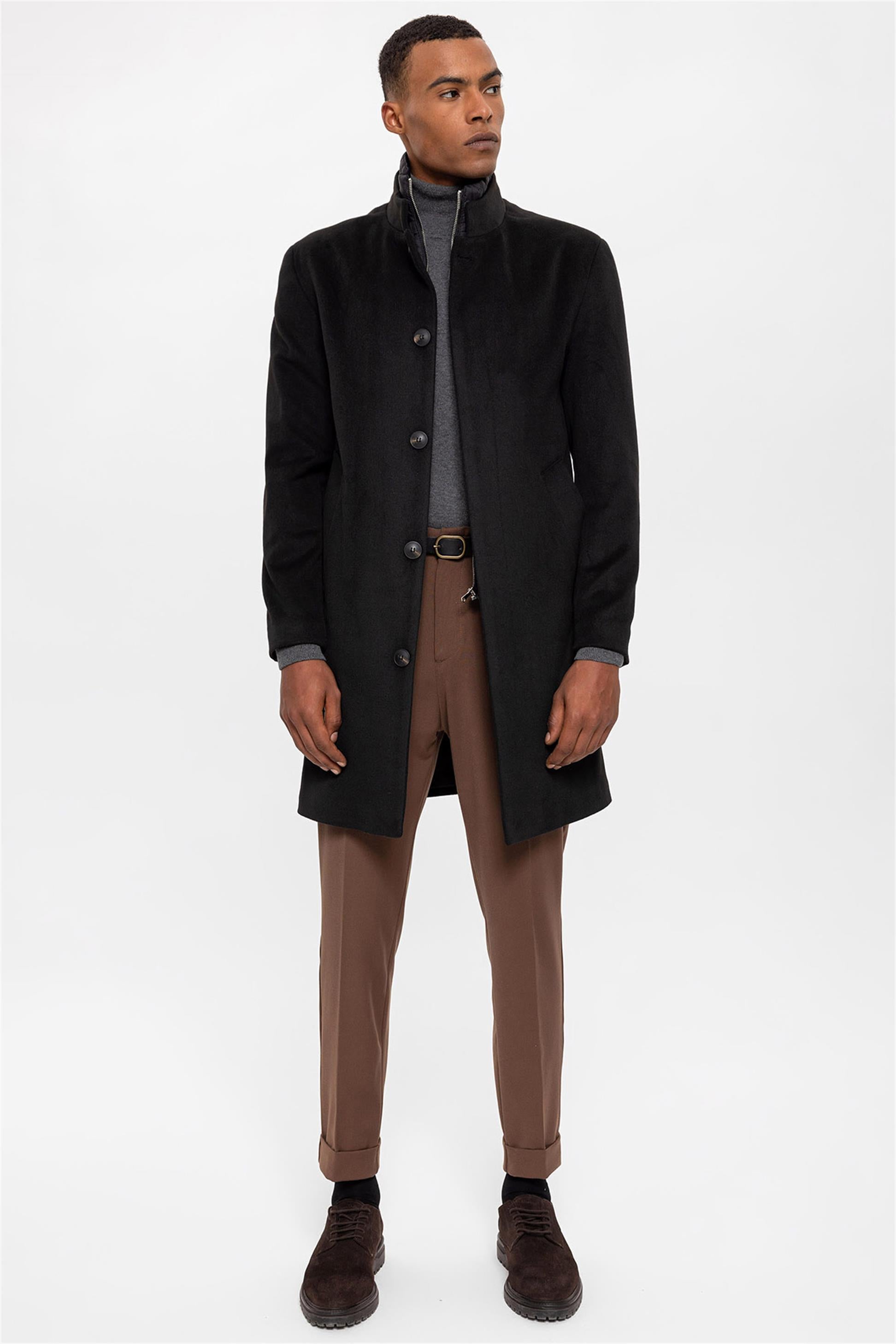 Antioch-Siyah Dik Yaka Gizli Düğme Detaylı Erkek Kaban-Kaban-2-Milagron.com