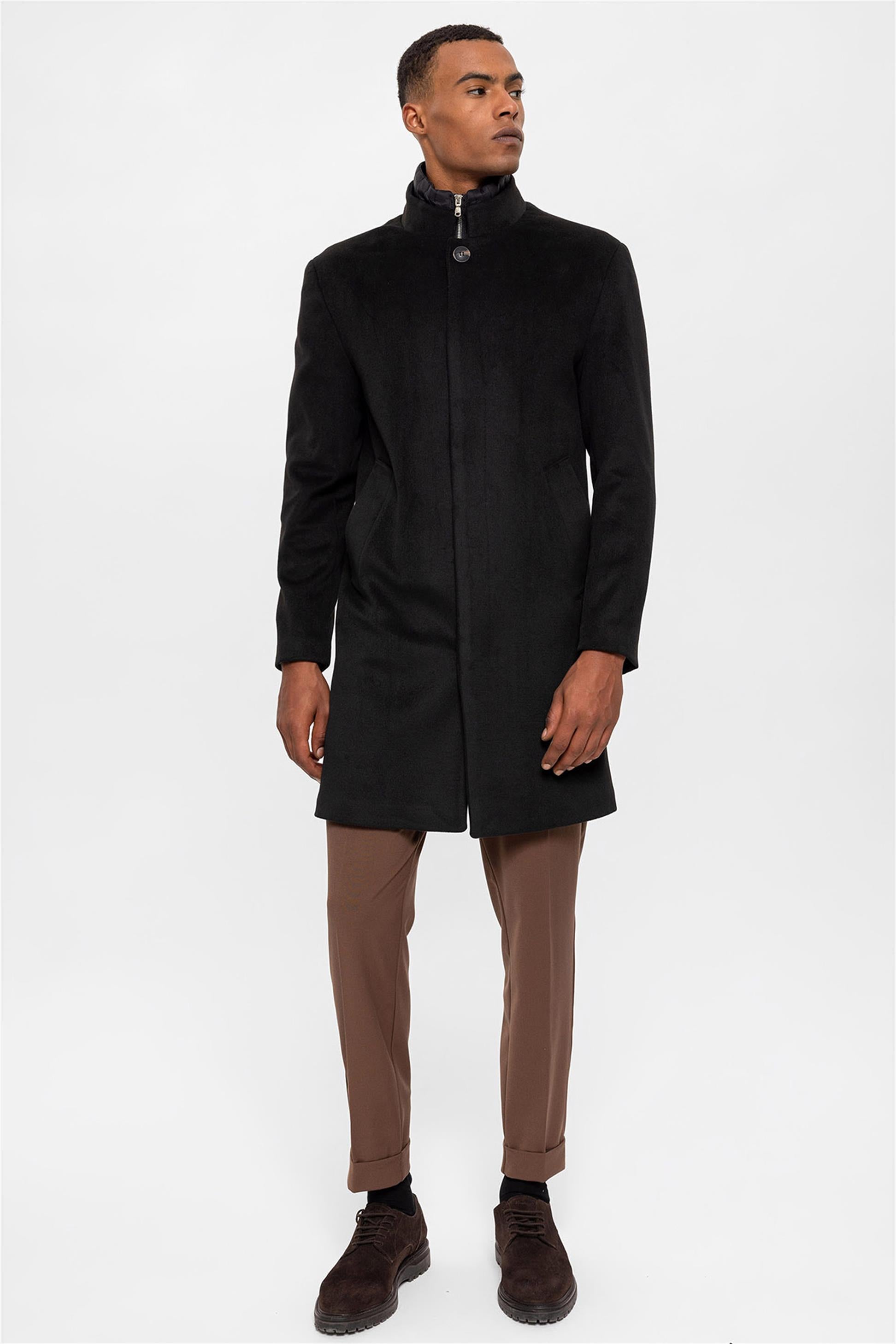 Antioch-Siyah Dik Yaka Gizli Düğme Detaylı Erkek Kaban-Kaban-4-Milagron.com