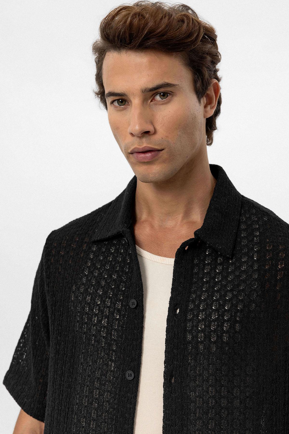 Antioch-Siyah Dokulu Kroşe Erkek Gömlek-Gömlek-5-Milagron.com