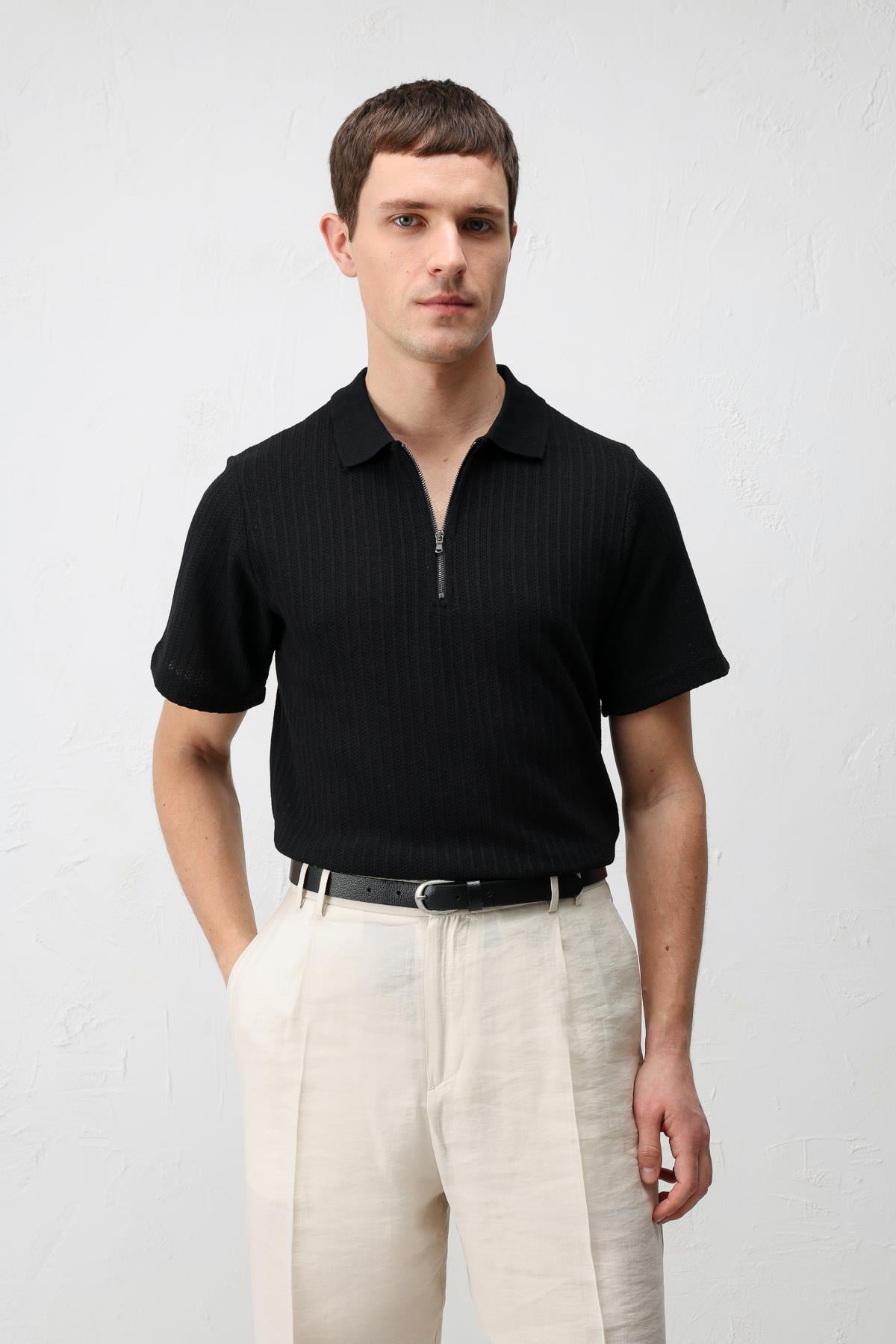 Antioch Siyah Dokulu Örme Polo Yaka Erkek T-Shirt