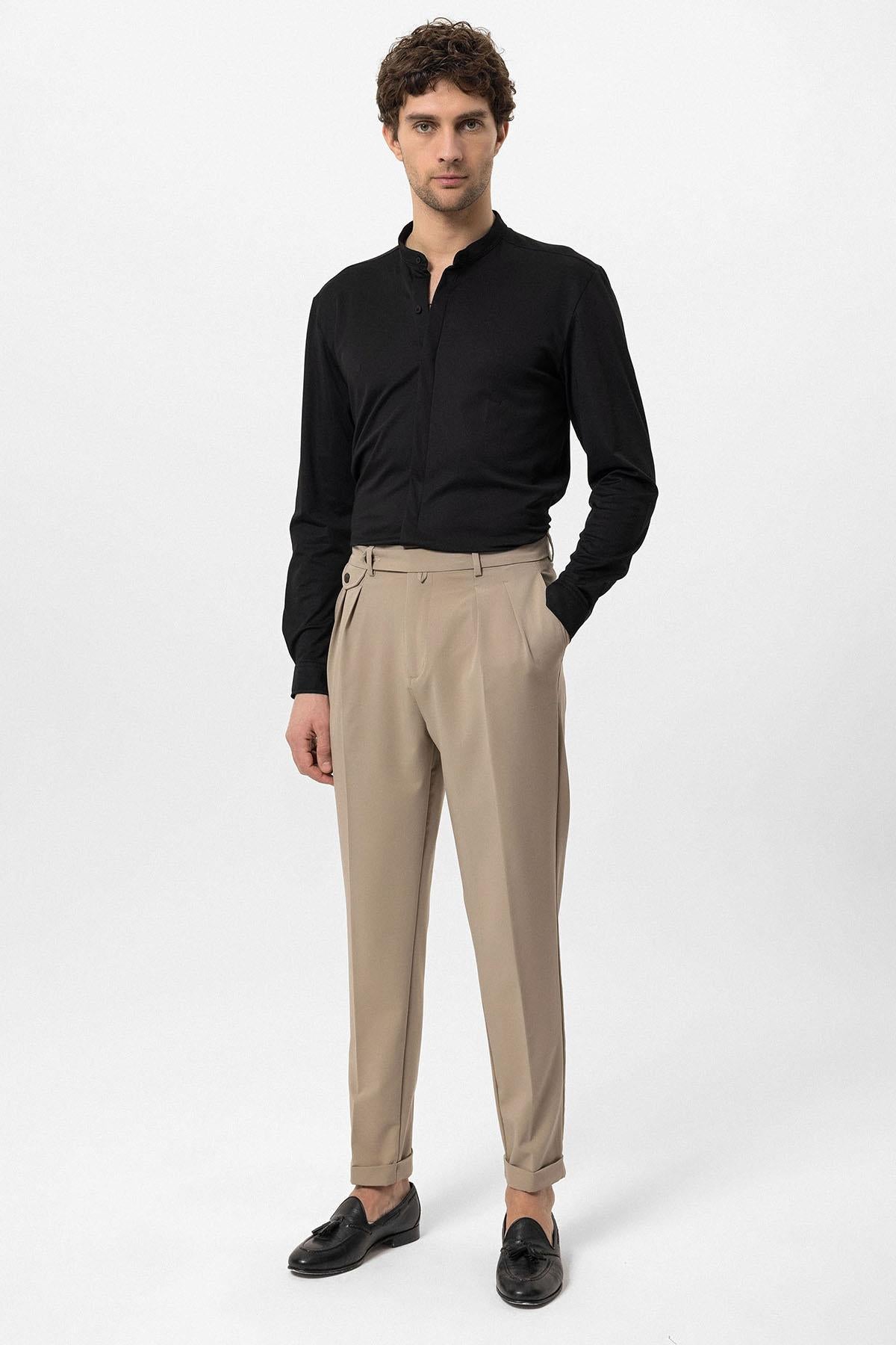 Antioch-Siyah Erkek Hakim Yaka Gizli Düğme Uzun Kollu Slim Fit Gömlek-Gömlek-3-Milagron.com